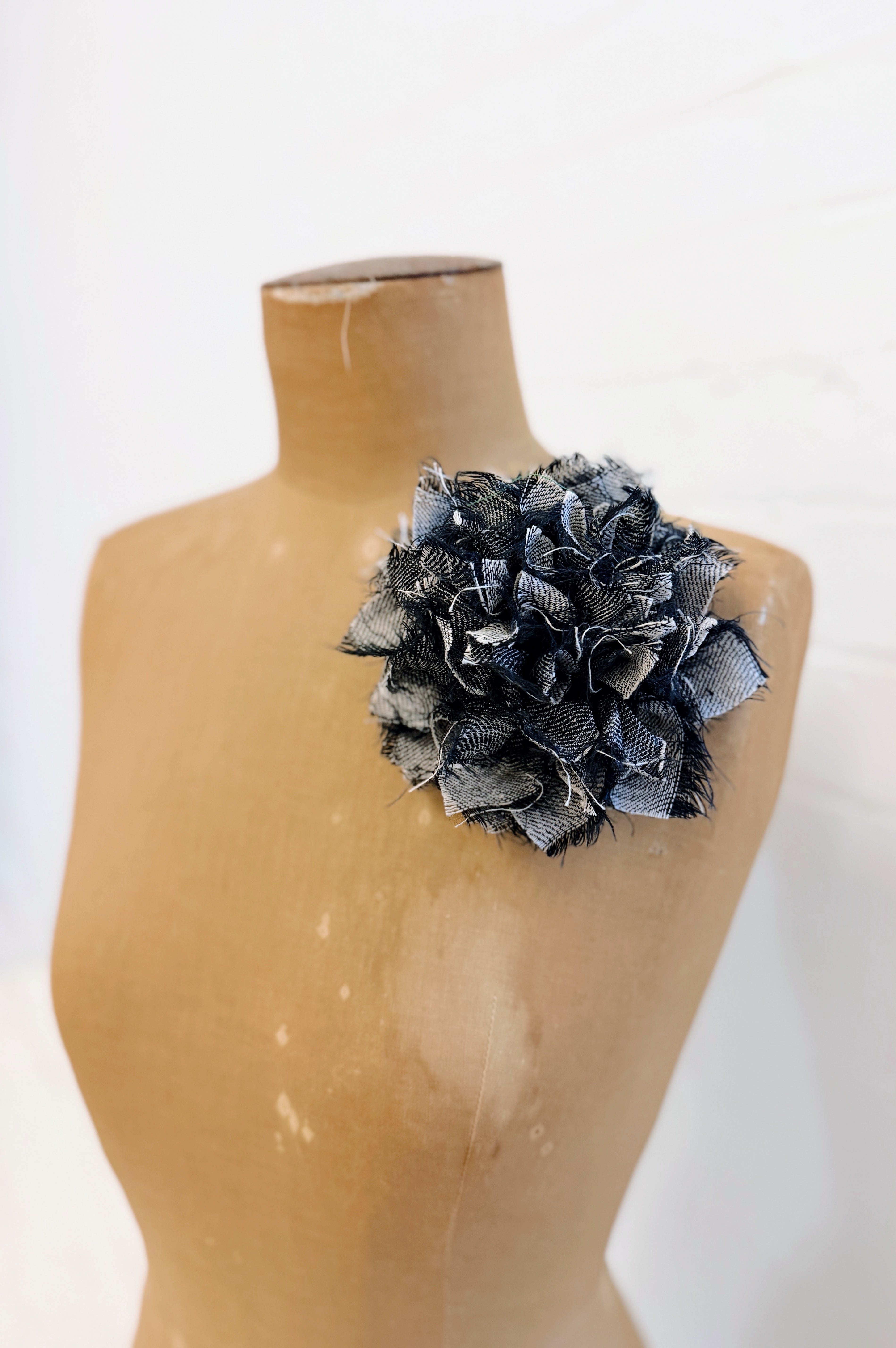 Fabric Flower Brooch | Black Denim Linen