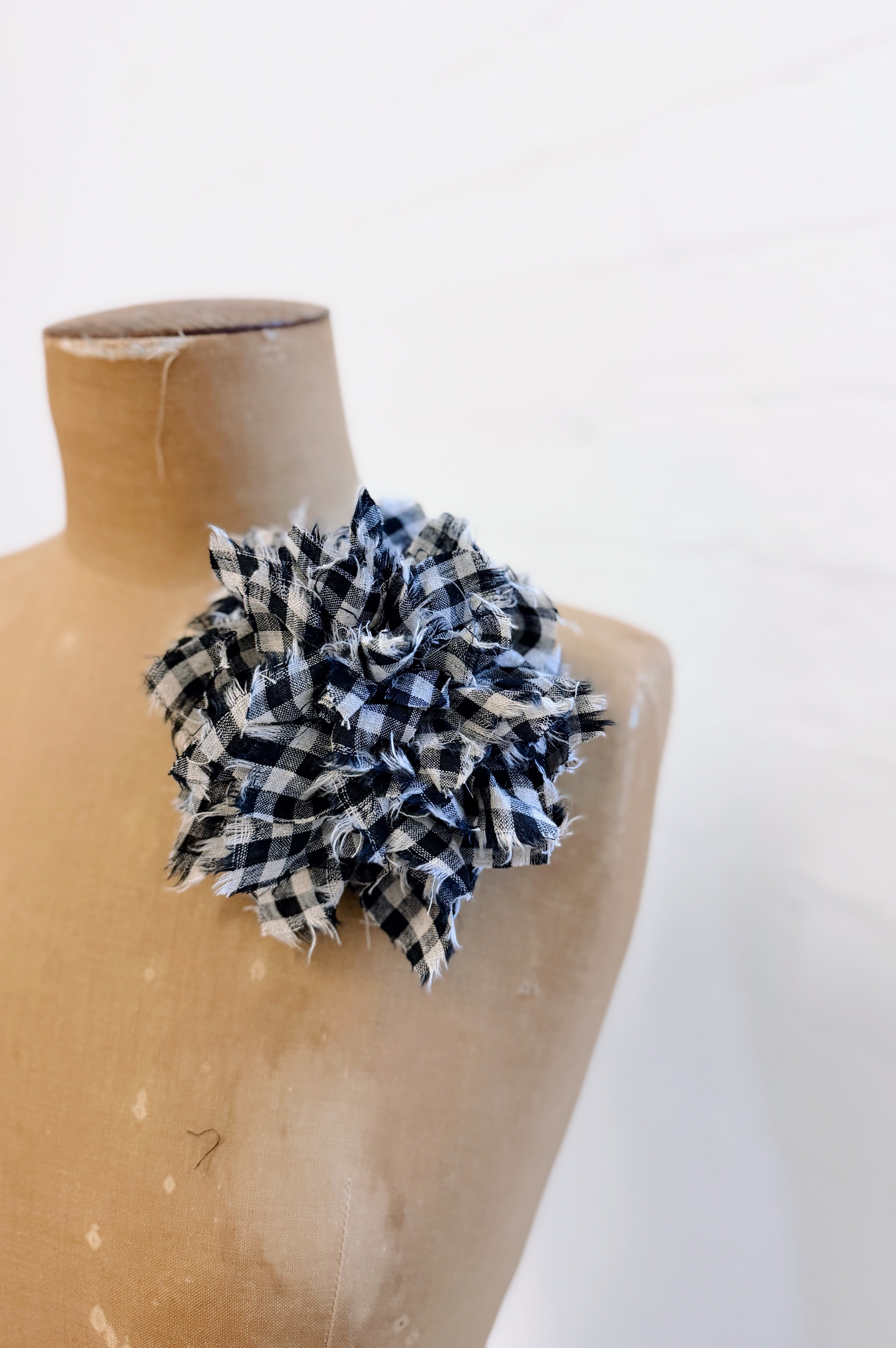 Fabric Flower Brooch | Black Gingham