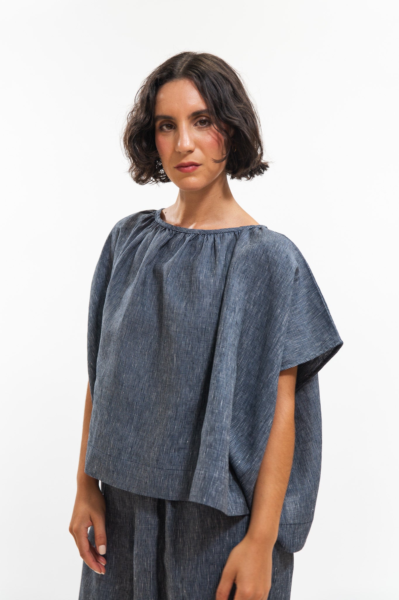 Poppy Top | Navy Pinstripe