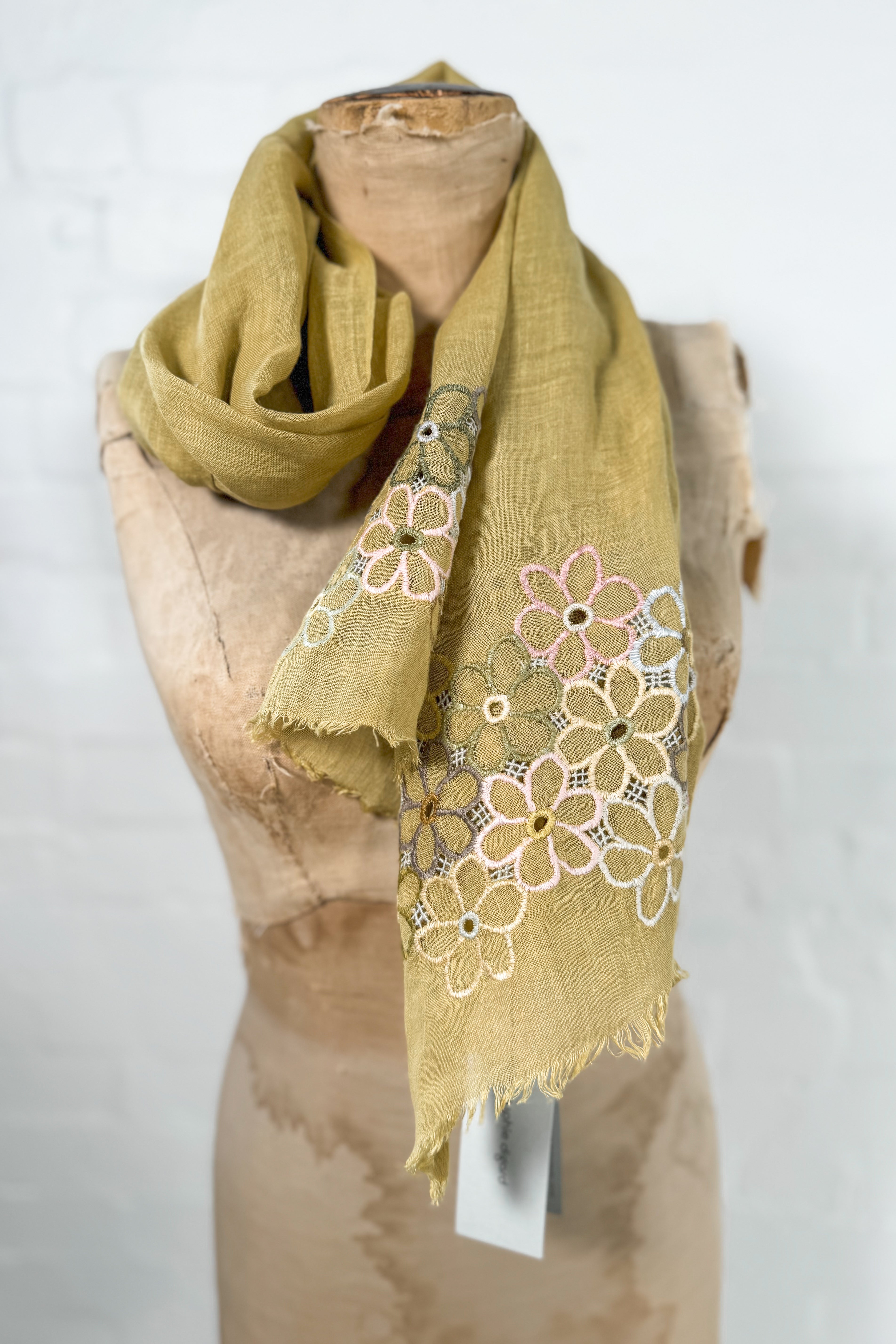Sophie Digard | Delicate Floral Embroidered Linen Scarf | Charlotte