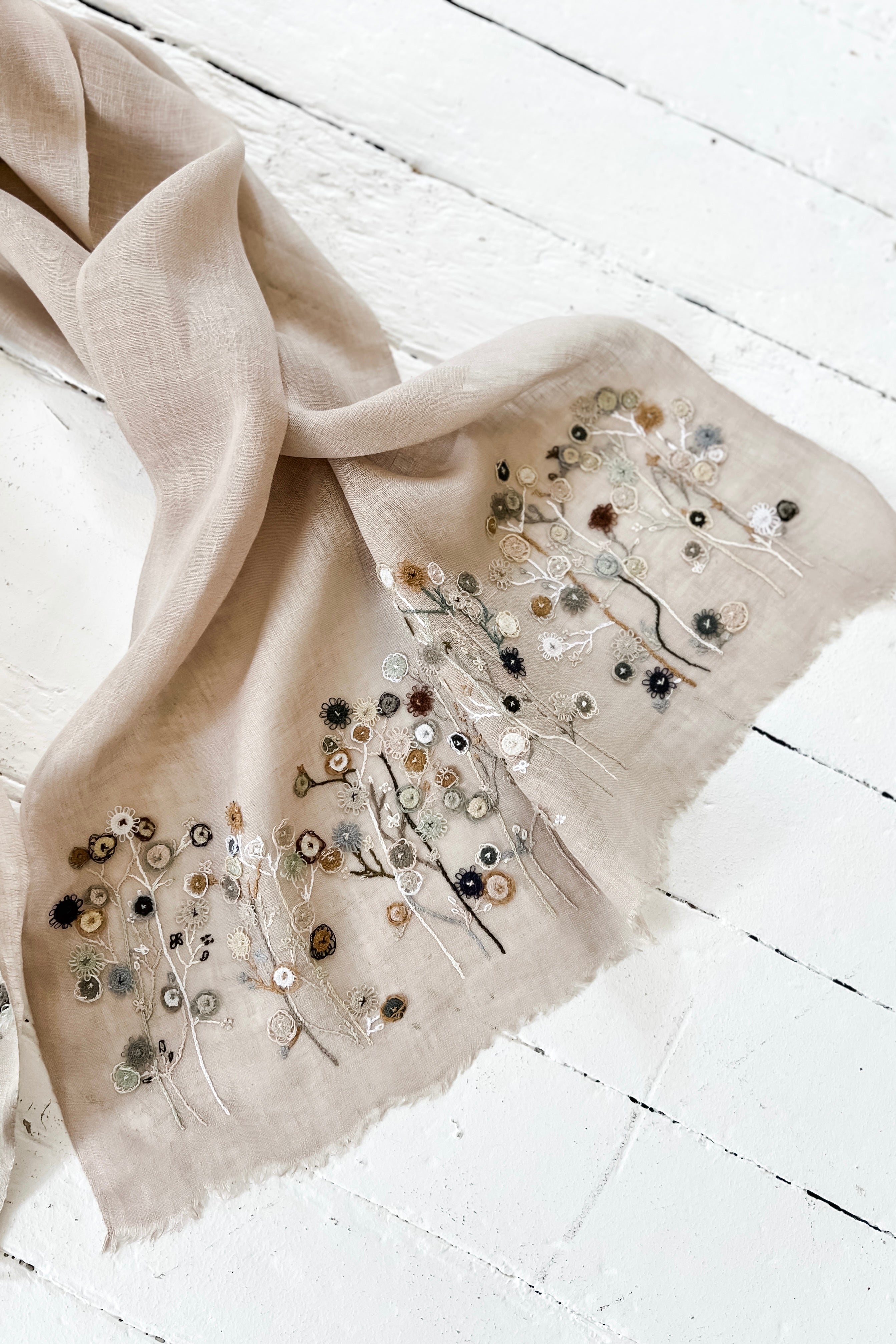 Sophie Digard | Embroidered Linen Stole | Field Flowers