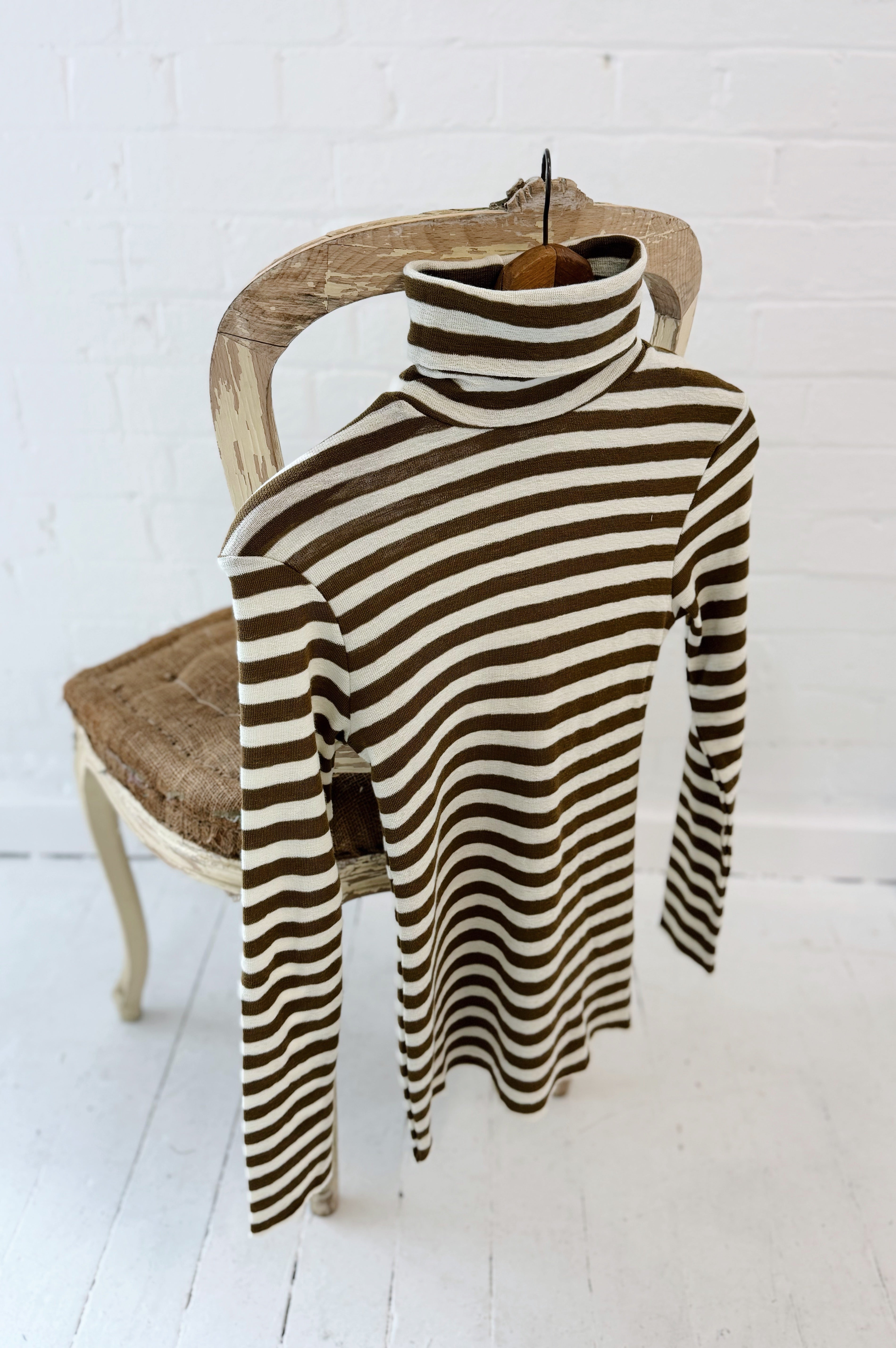 Merino Roll Neck | Raw White + Bronze Stripe