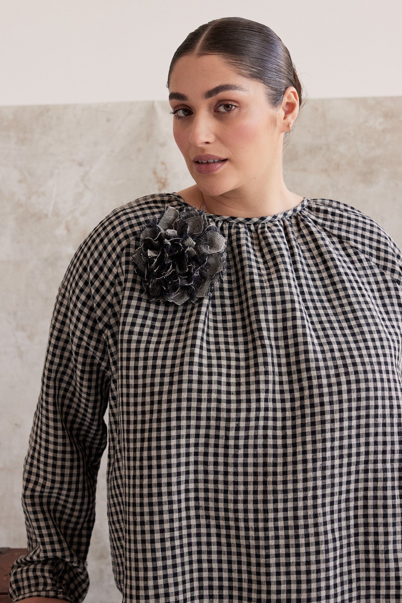 Fabric Flower Brooch | Black Denim Linen