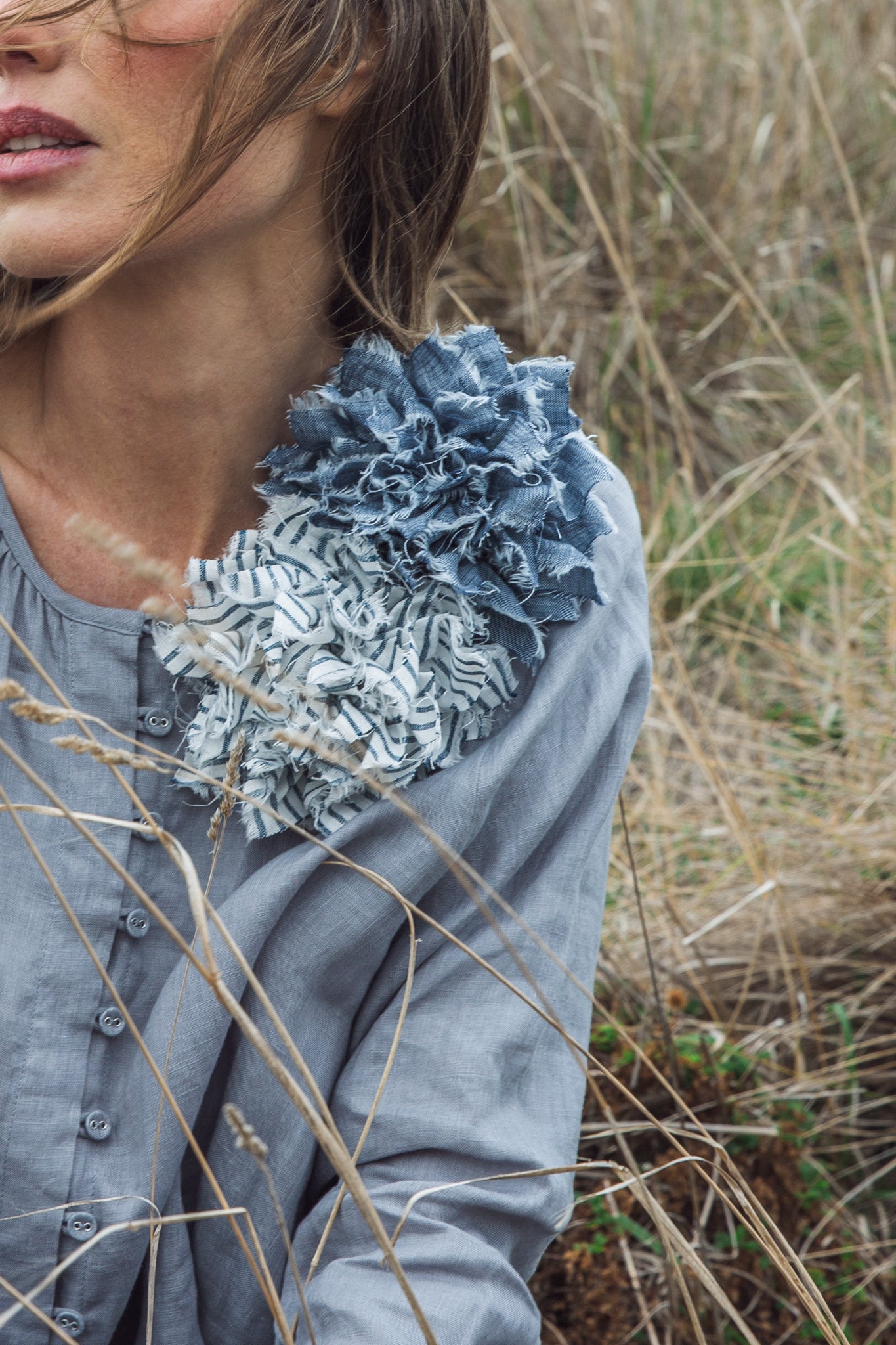 Fabric Flower Brooch | Bluestone Stripe