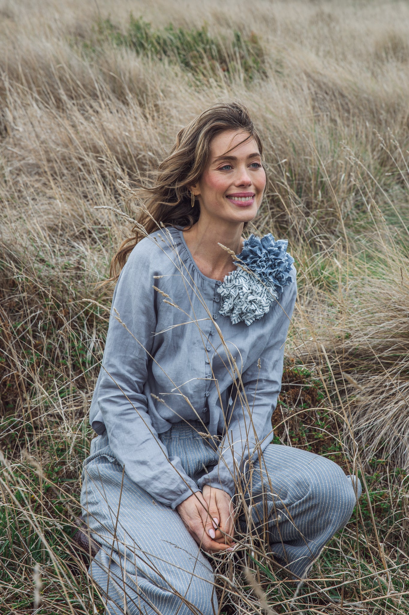 Fabric Flower Brooch | Bluestone Stripe