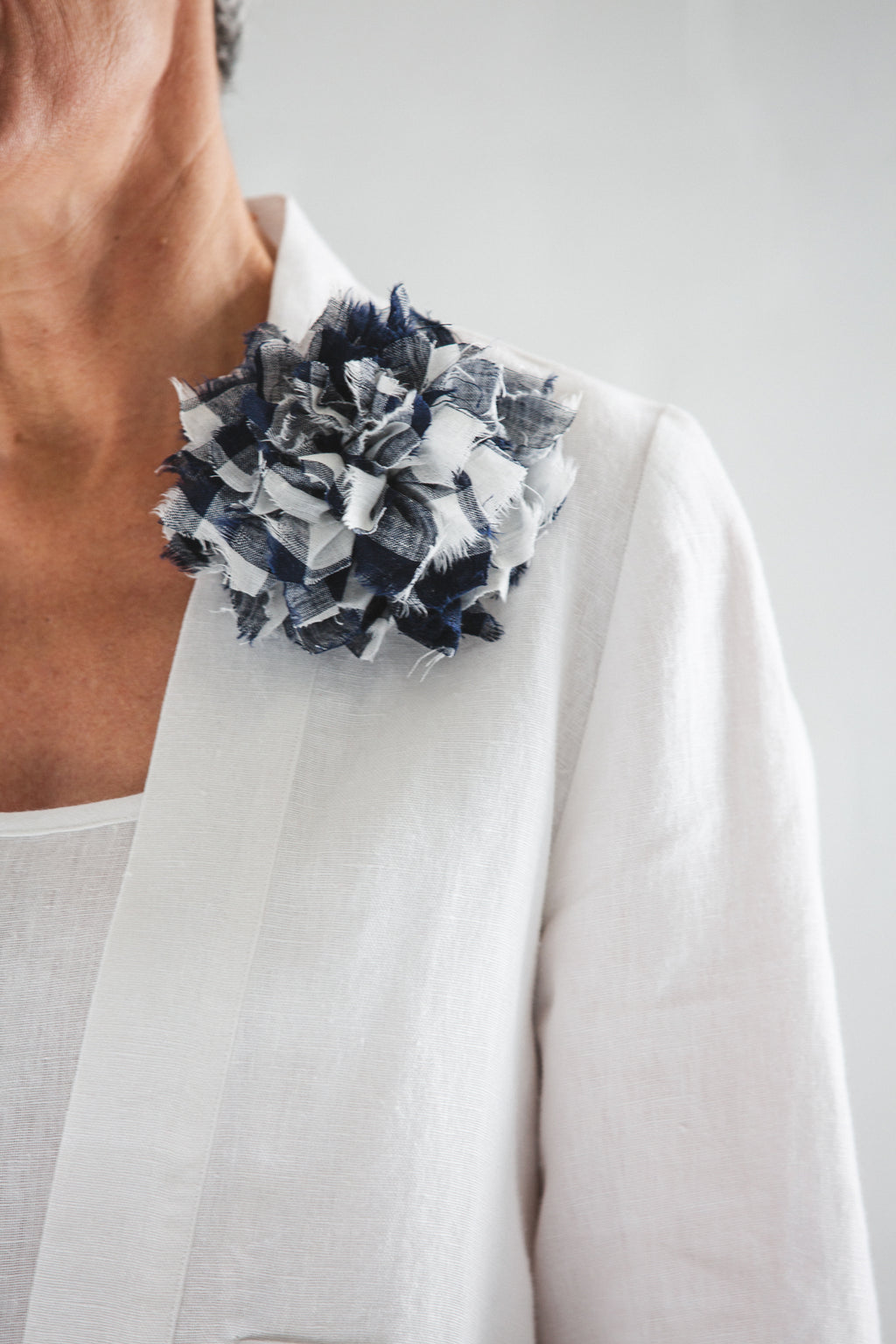 Fabric Flower Brooch | Navy Gingham