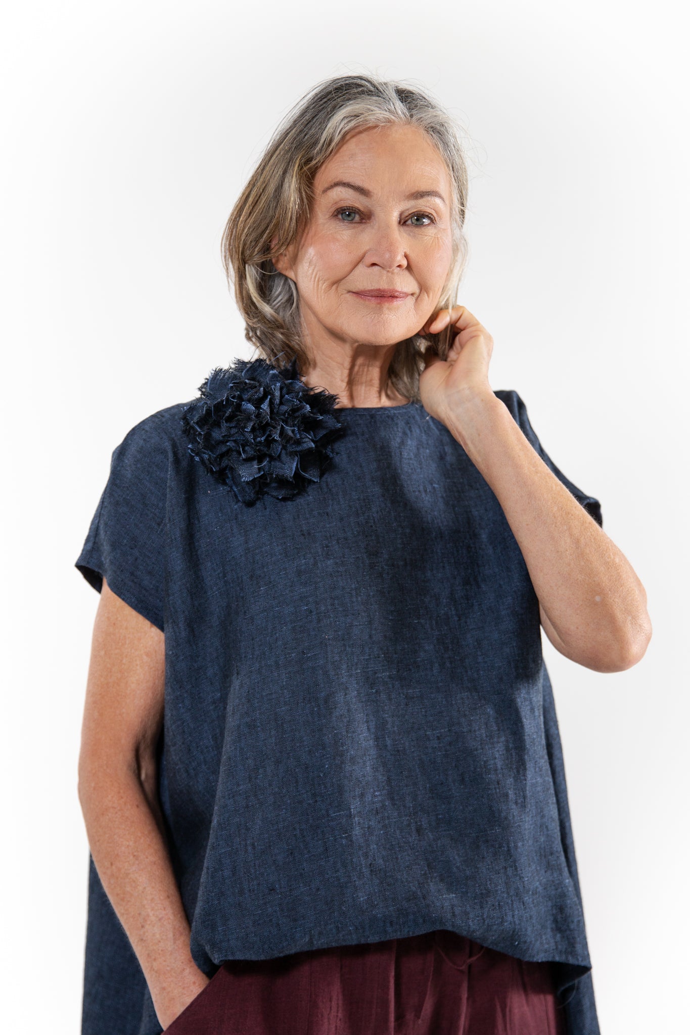 Fabric Flower Brooch Navy - Main Image