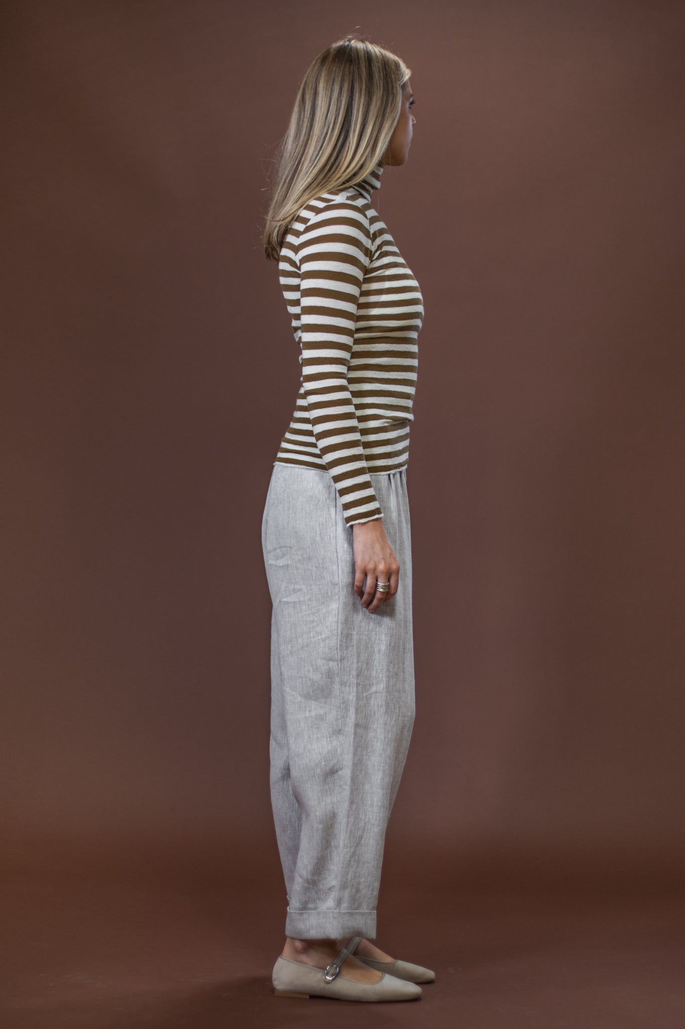 Merino Roll Neck | Raw White + Bronze Stripe