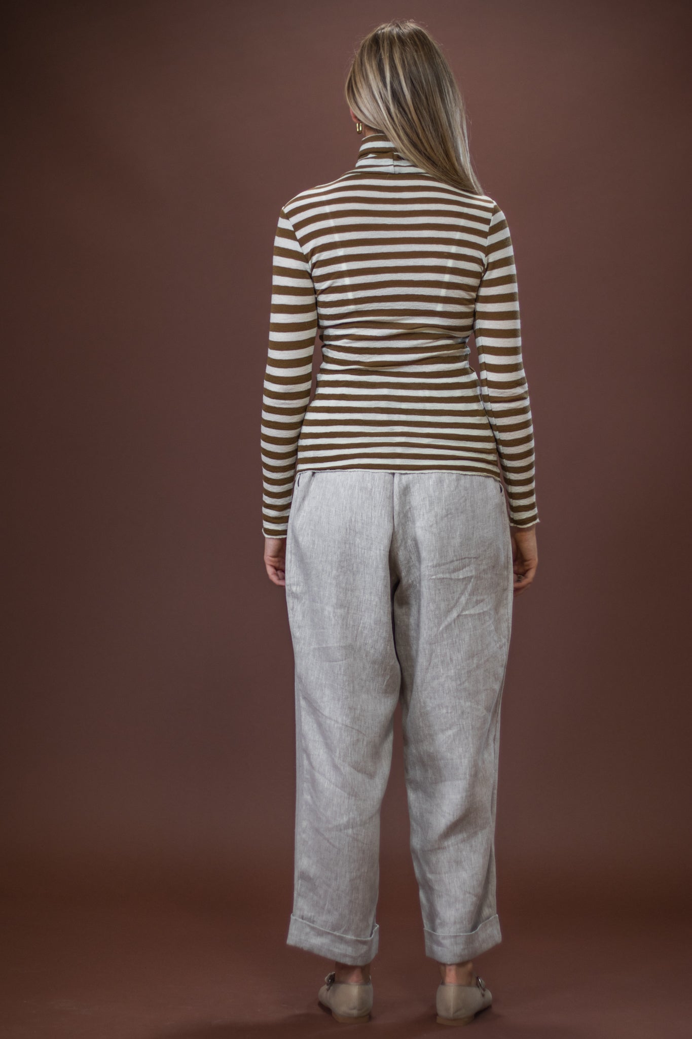 Merino Roll Neck | Raw White + Bronze Stripe