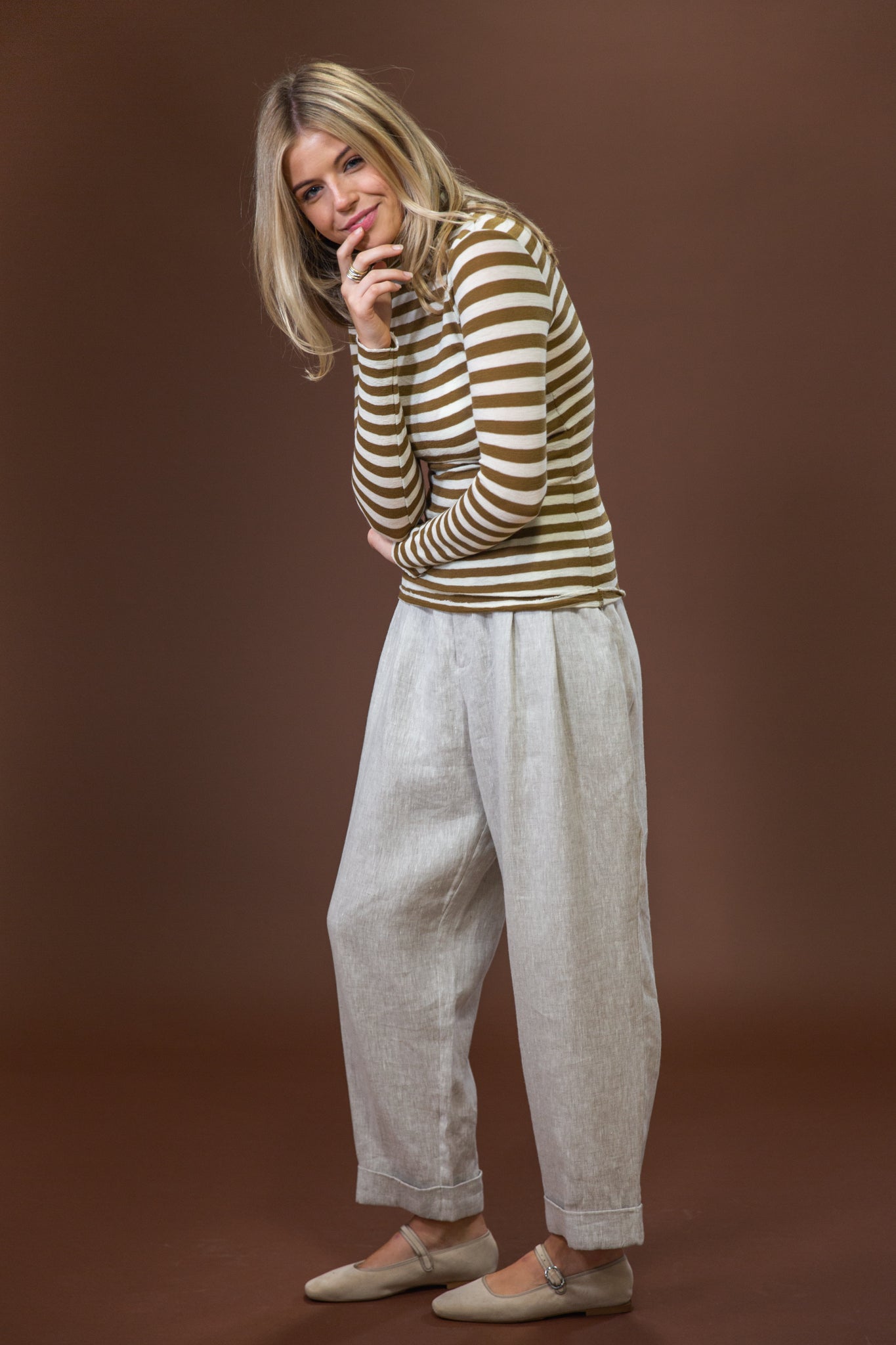 Merino Roll Neck | Raw White + Bronze Stripe