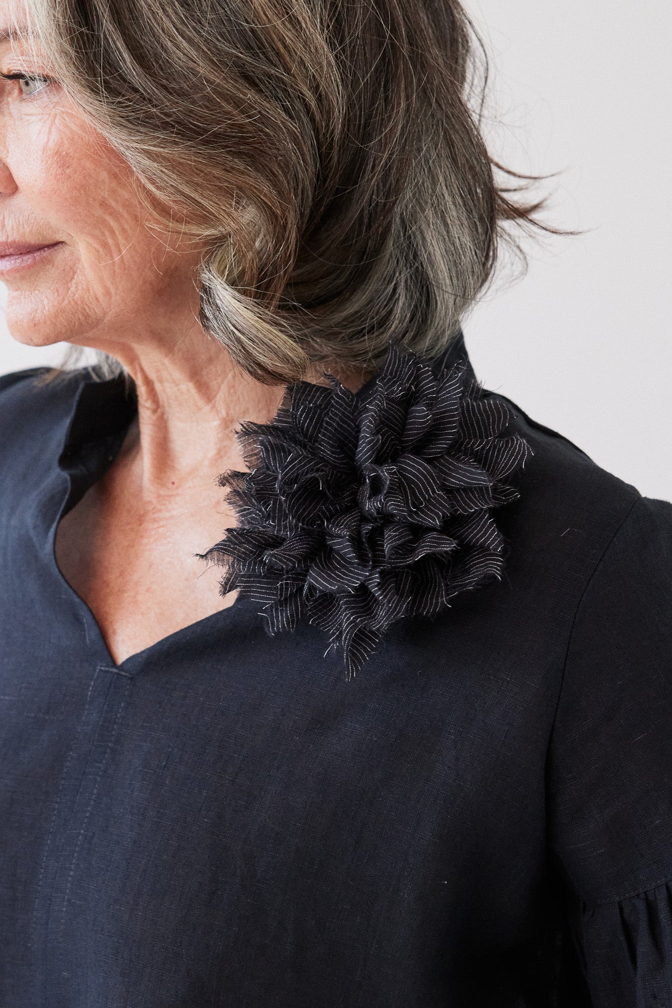 Fabric Flower Brooch | Black Cotton Voile