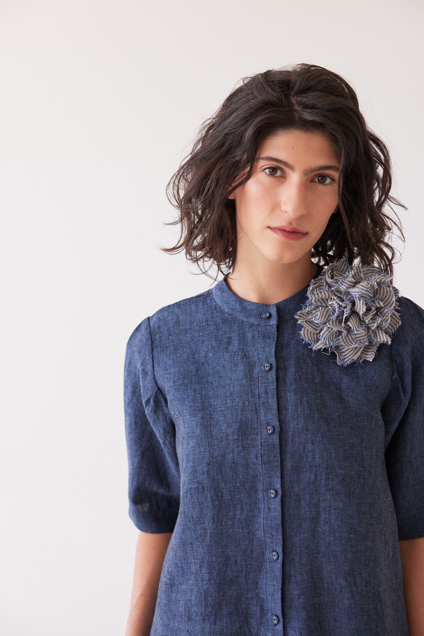 Fabric Flower Brooch | Chambray Stripe