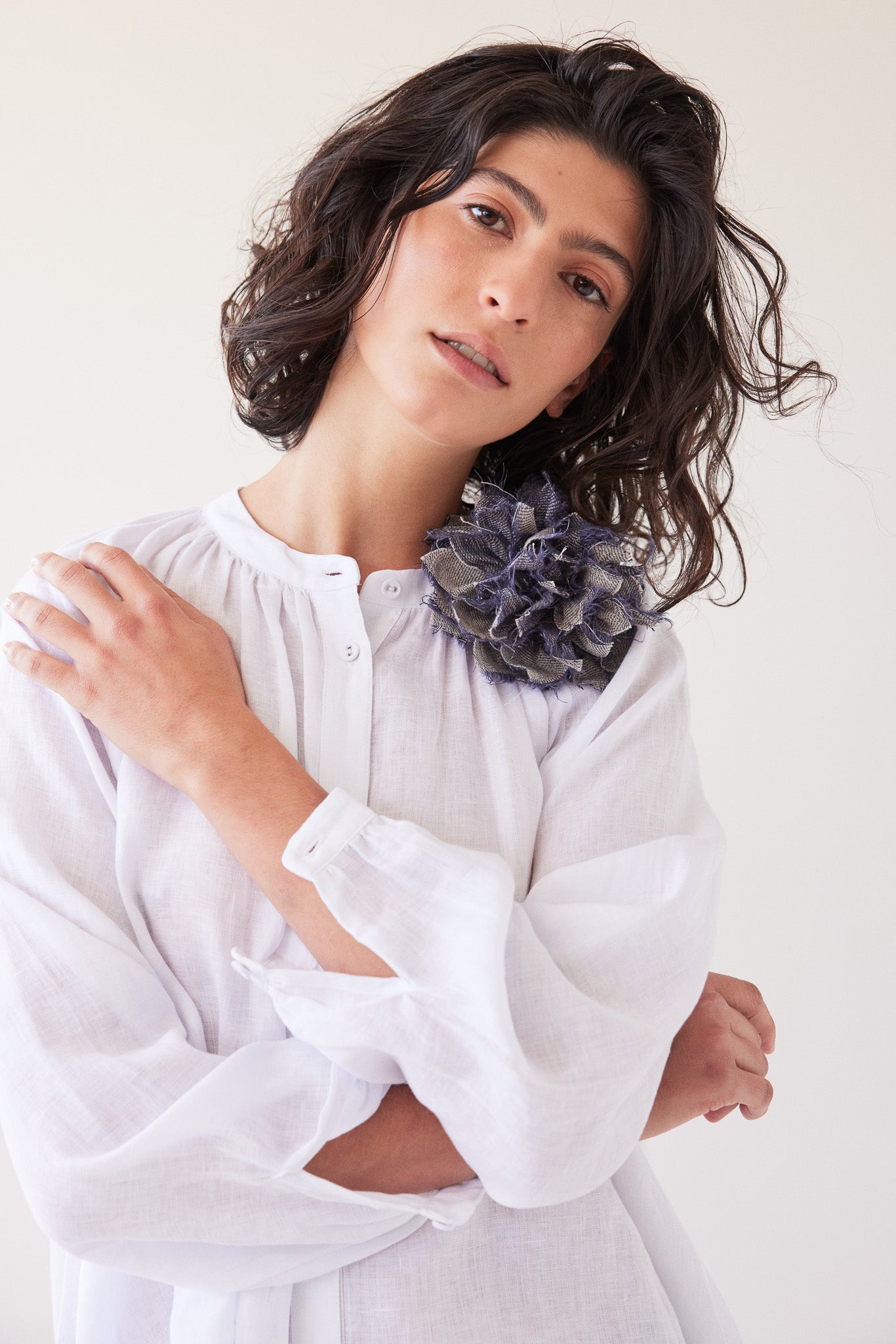 Fabric Flower Brooch | Dusty Denim Linen