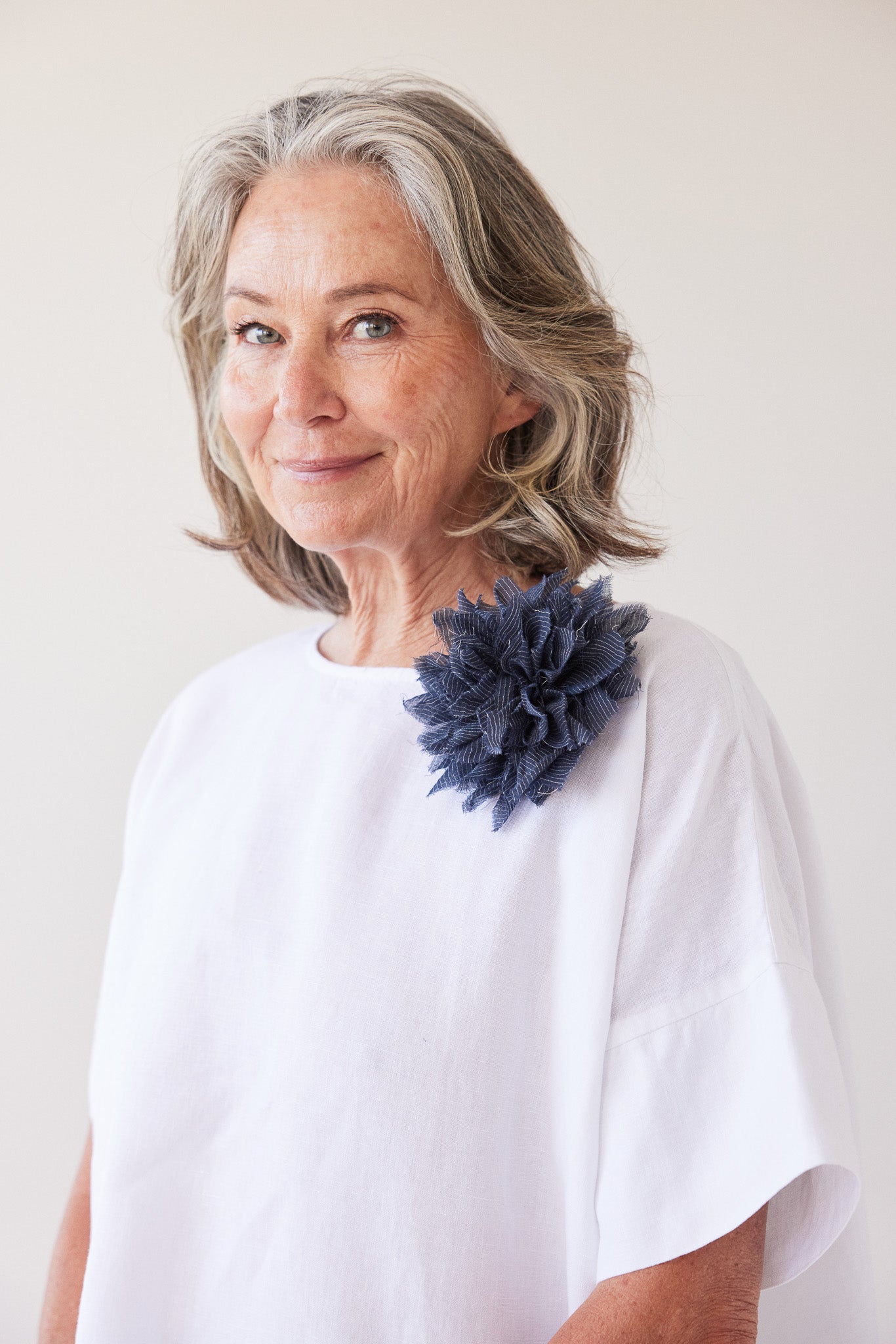 Fabric Flower Brooch | Navy Cotton Voile