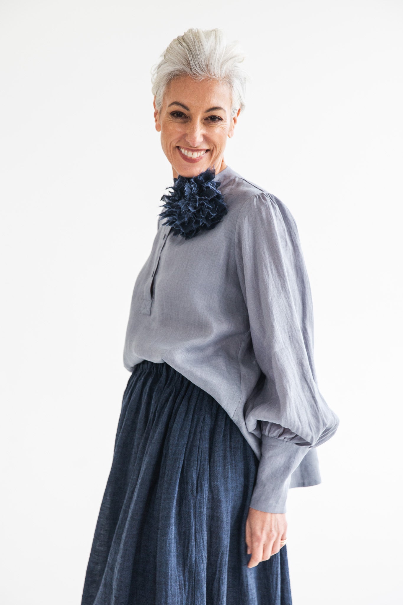 Fabric Flower Brooch | Navy Gauze