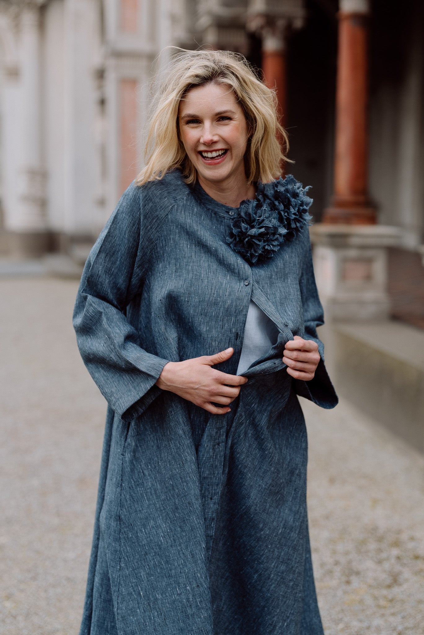 Fabric Flower Brooch | Navy Pinstripe