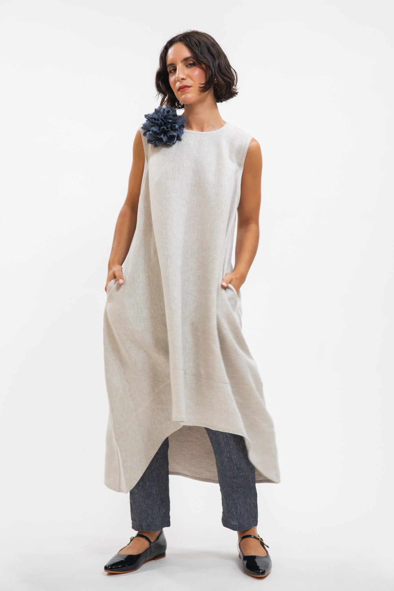 Fabric Flower Brooch | Navy Pinstripe