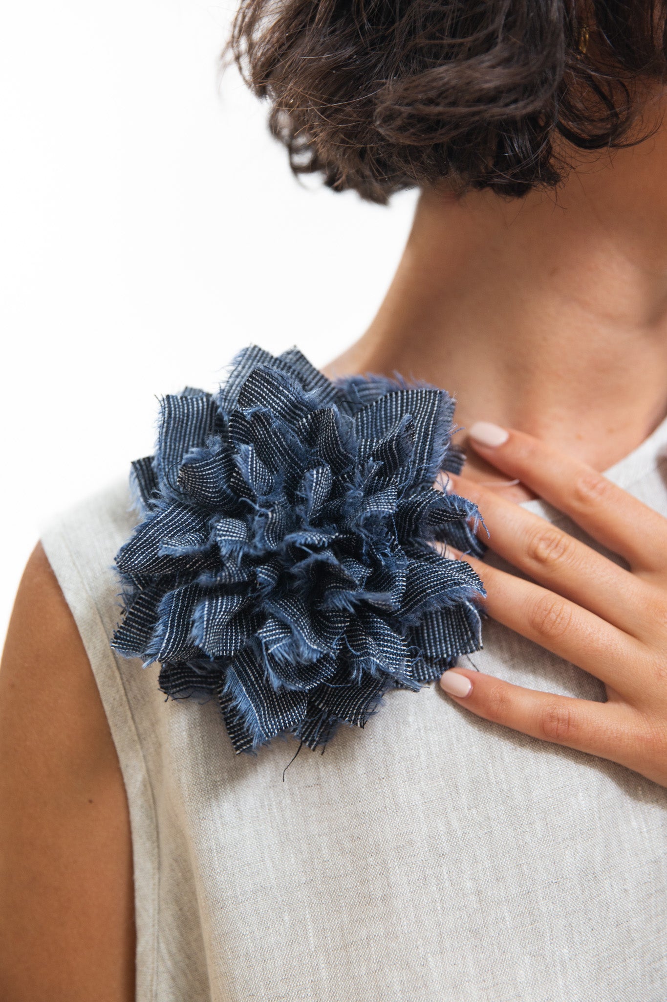 Fabric Flower Brooch | Navy Pinstripe