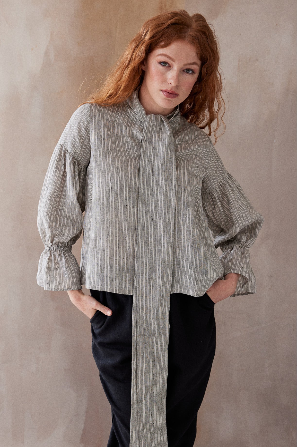 Harlow Neck Tie Blouse | Stippling Stripe