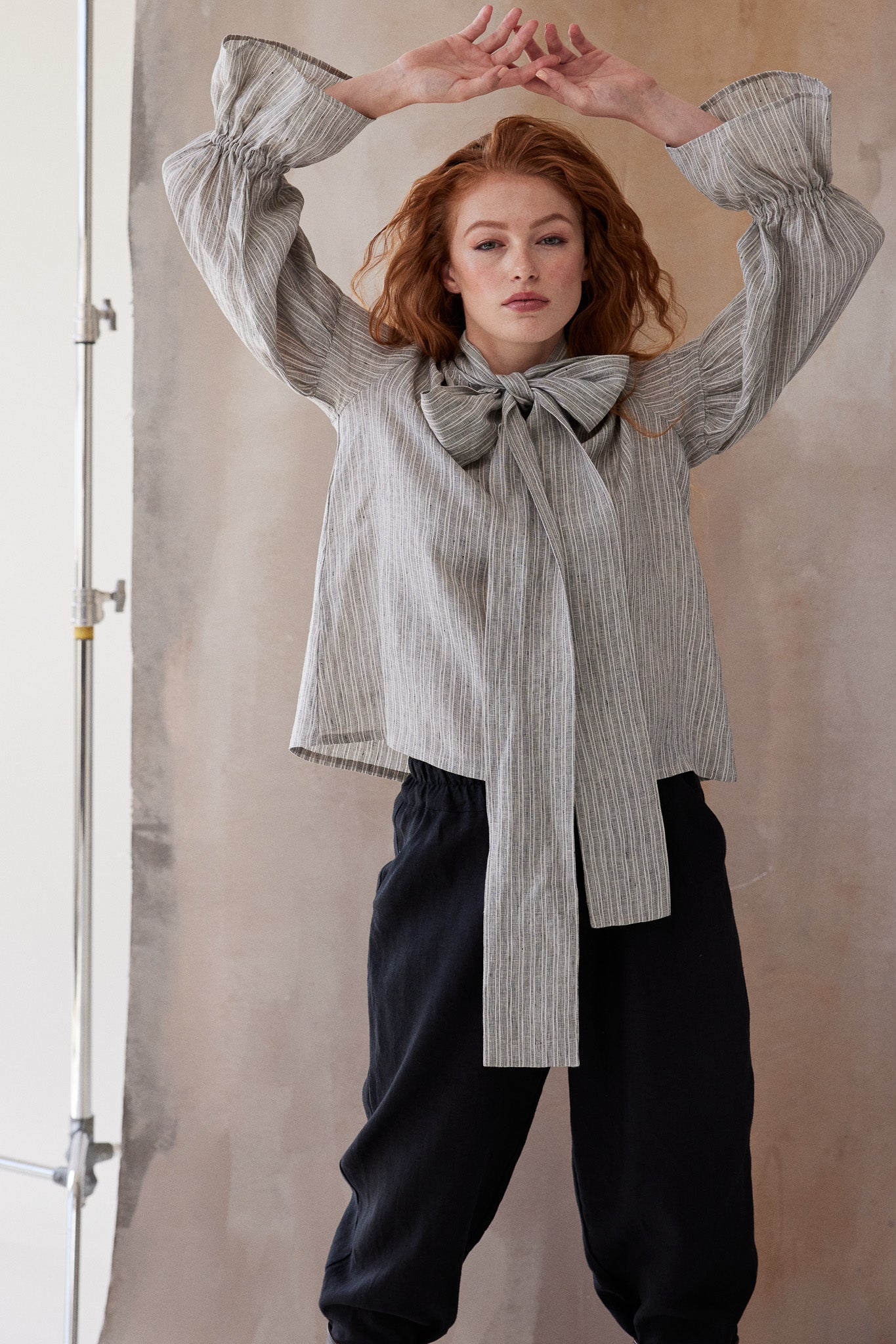 Harlow Neck Tie Blouse | Stippling Stripe