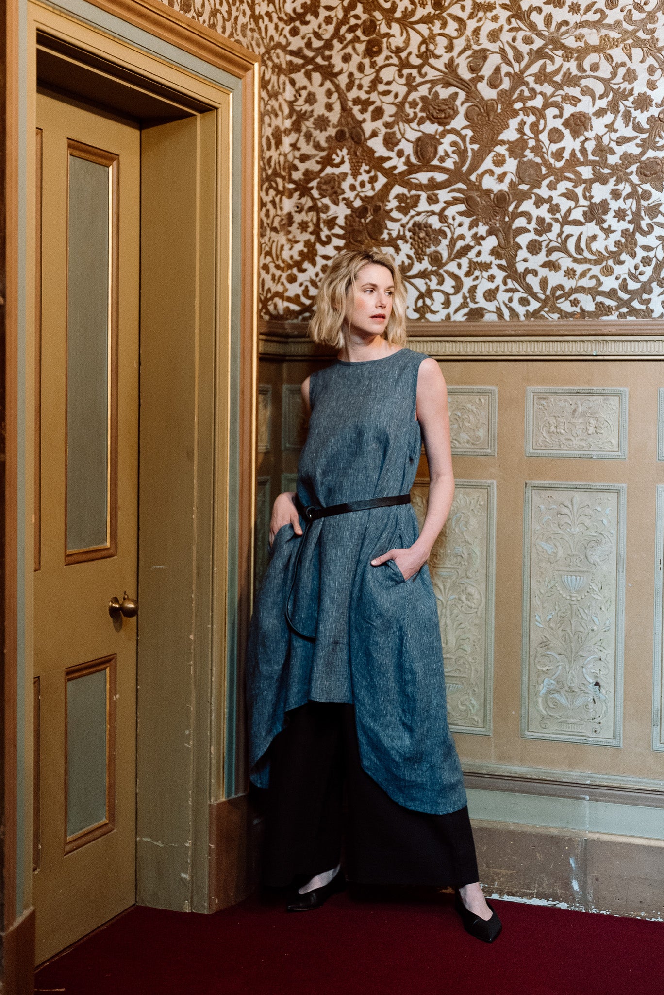 Mia Dress | Navy Pinstripe