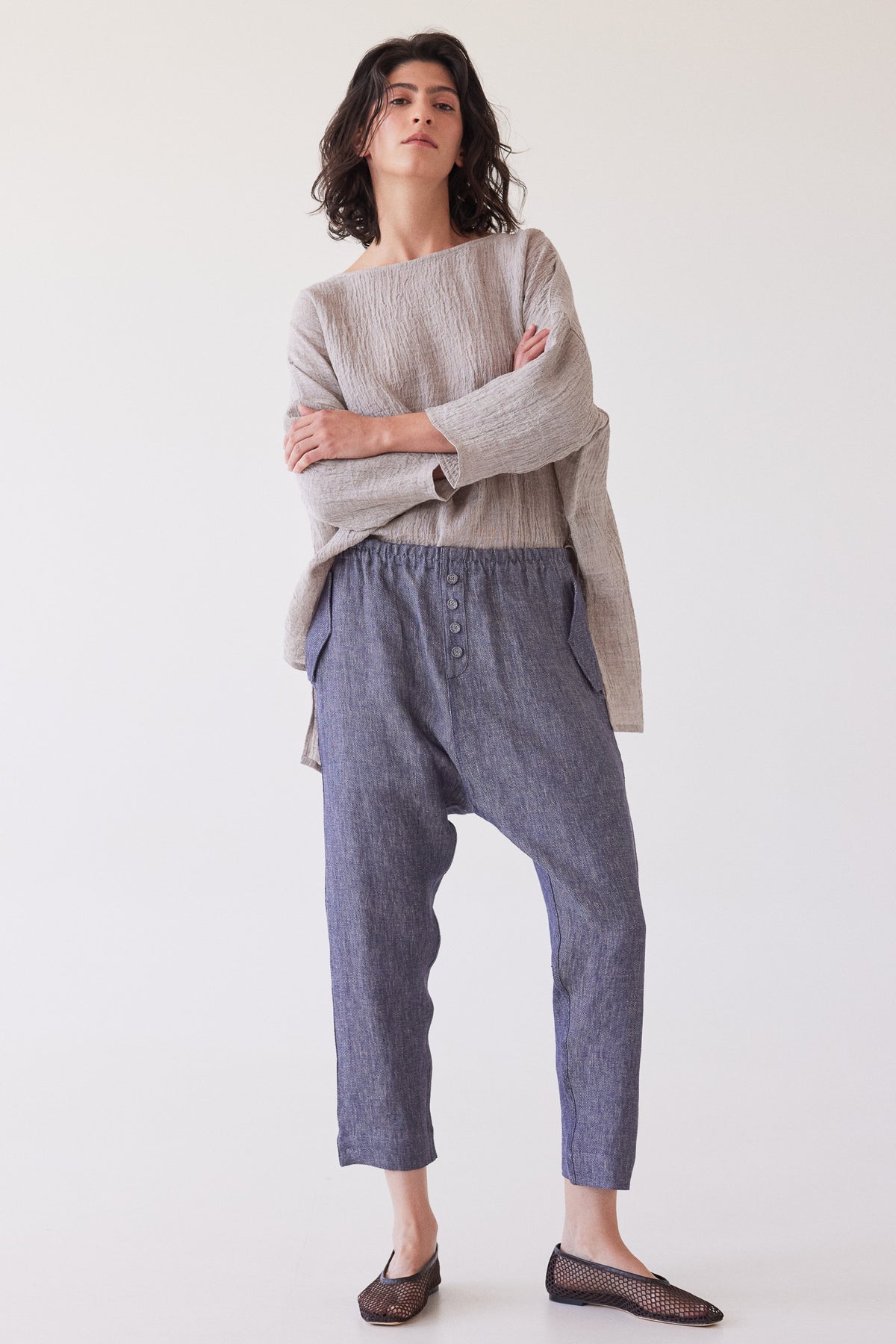 Millicent Drop Crotch Pant | Dusty Denim Linen