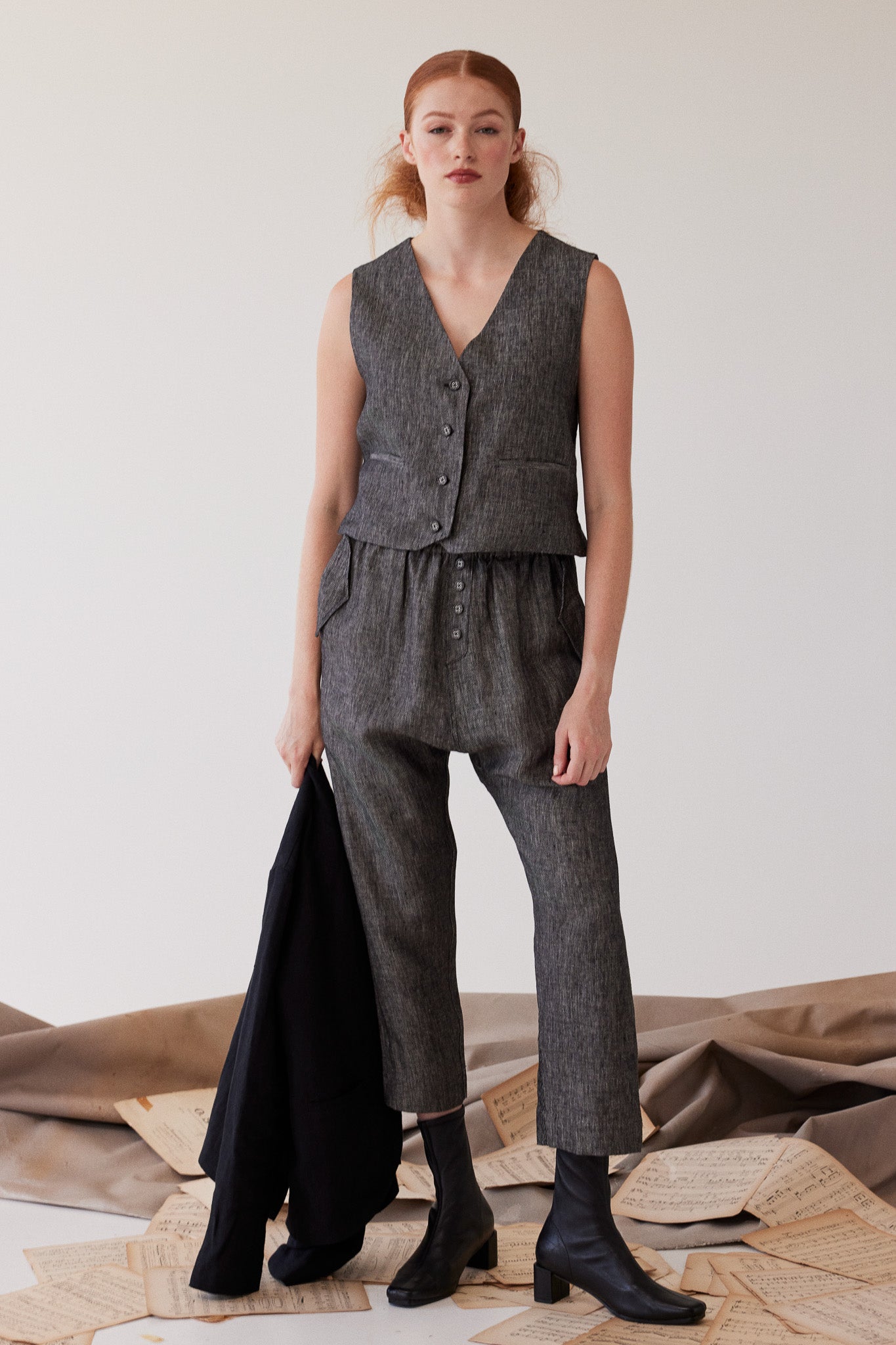 Millicent Drop Crotch Pant | Black Denim Linen