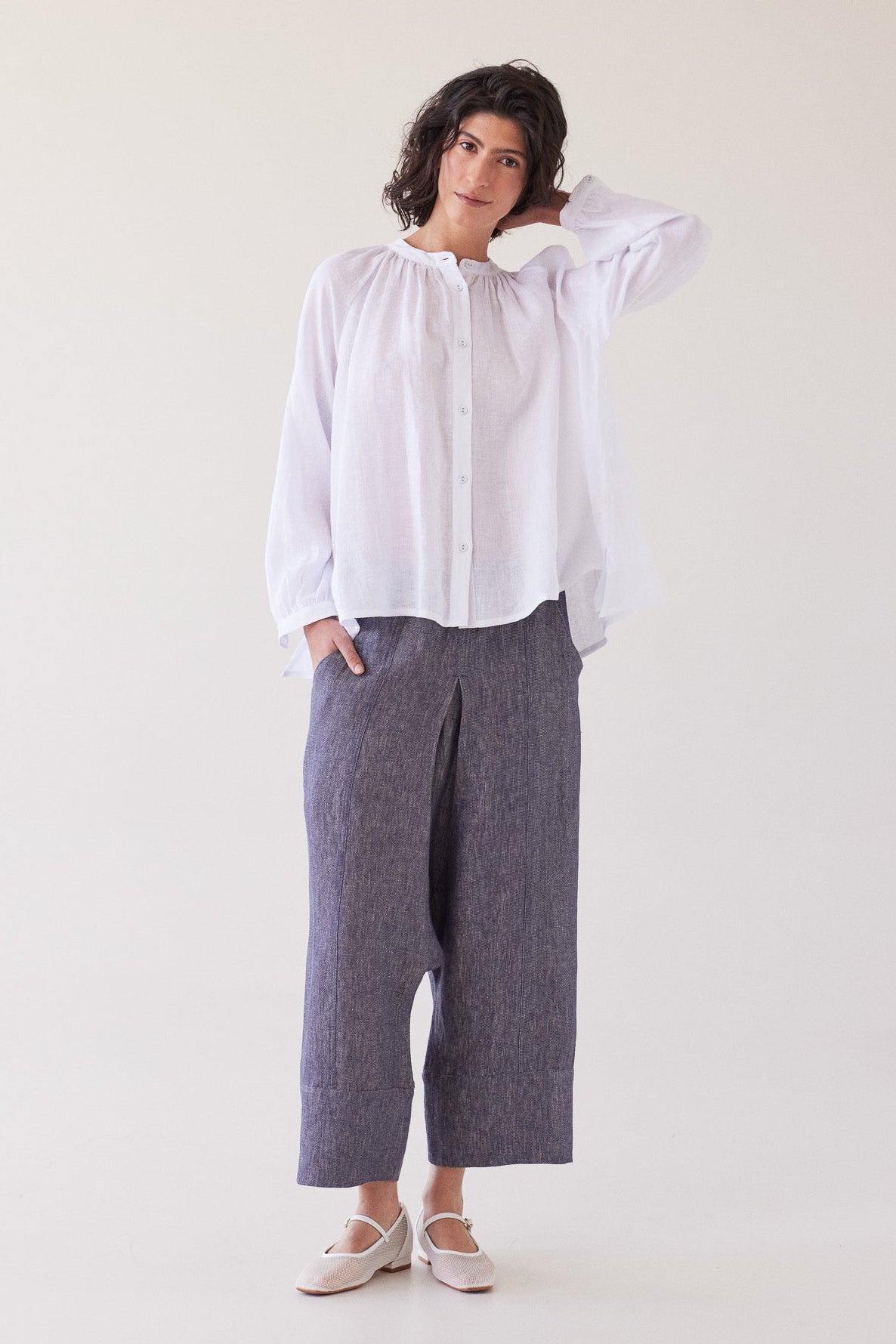 Yuki Drop Crotch Pant | Dusty Denim Linen