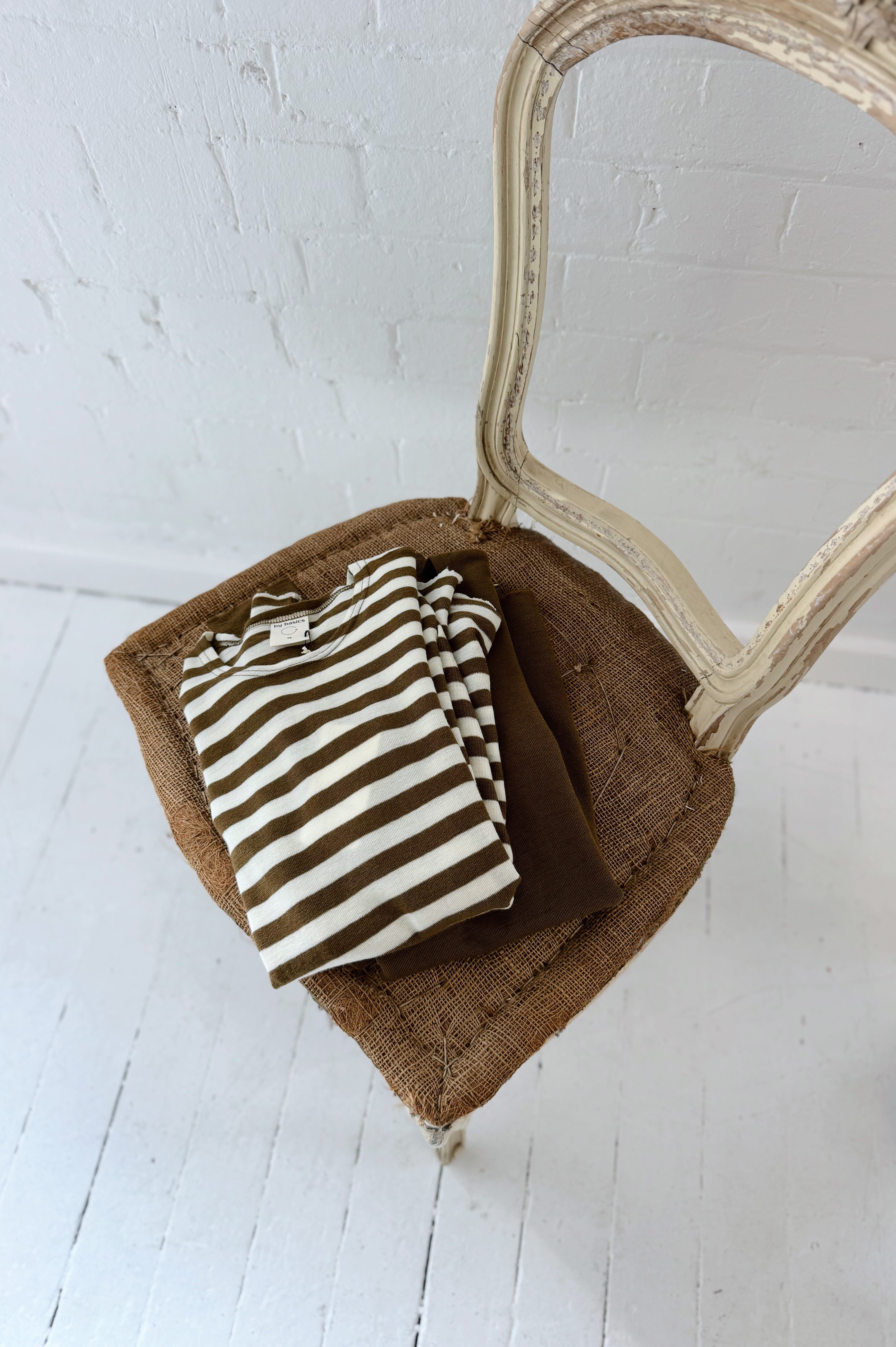 Merino Crew Neck | Raw White + Bronze Stripe