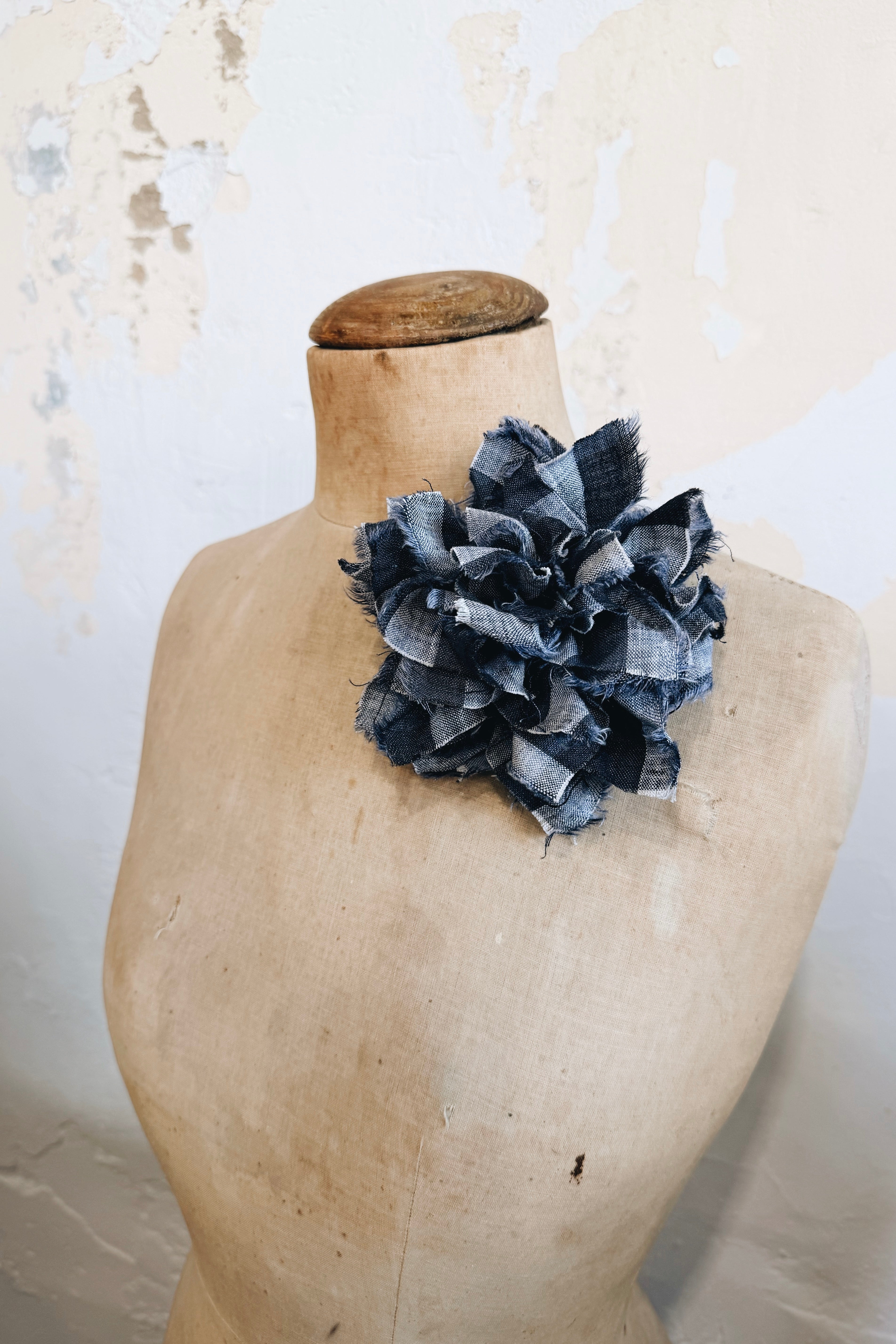 Fabric Flower Brooch | Bluestone Check