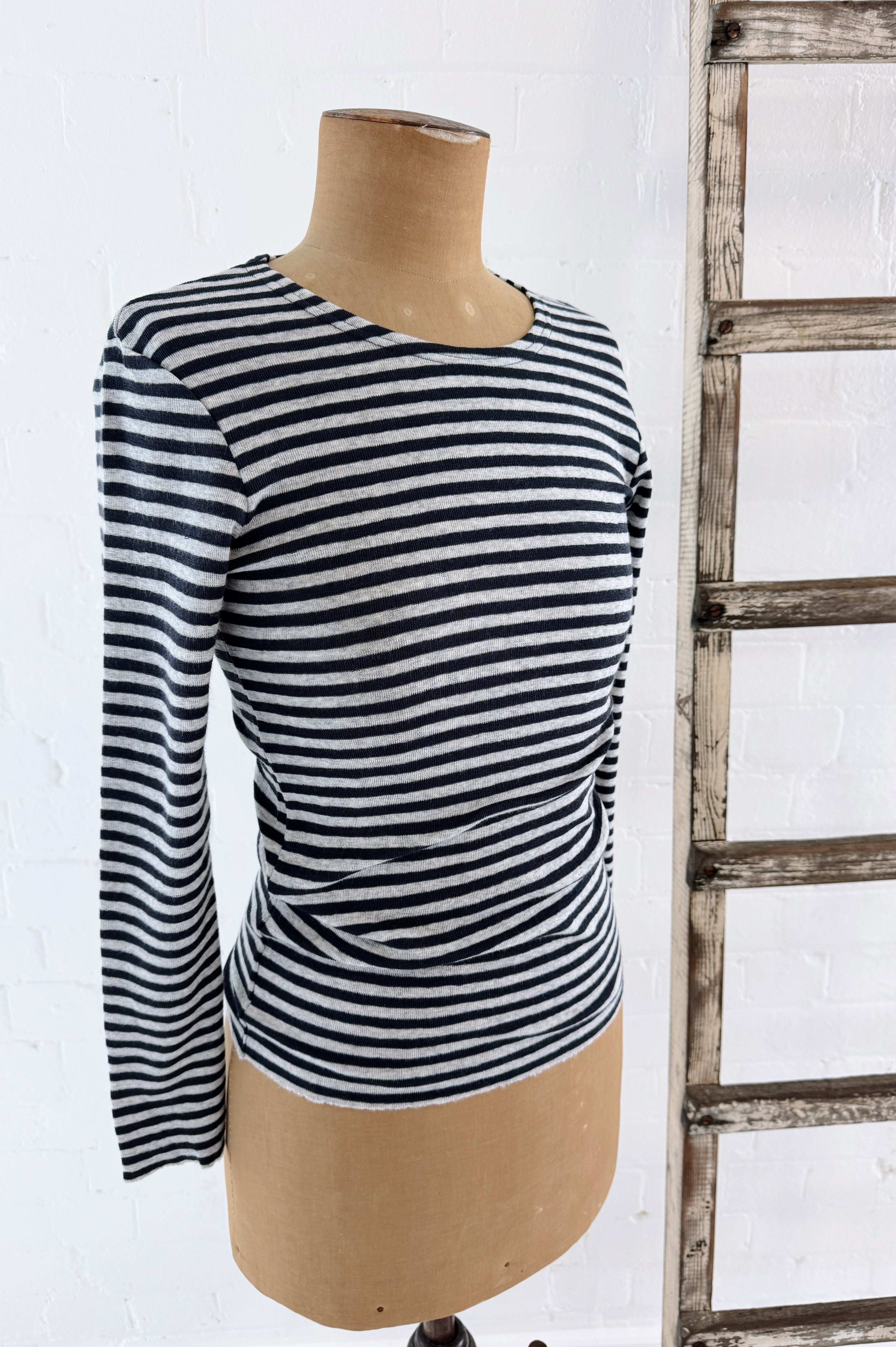 Merino Crew Neck | Dawn Grey + Charcoal Stripe