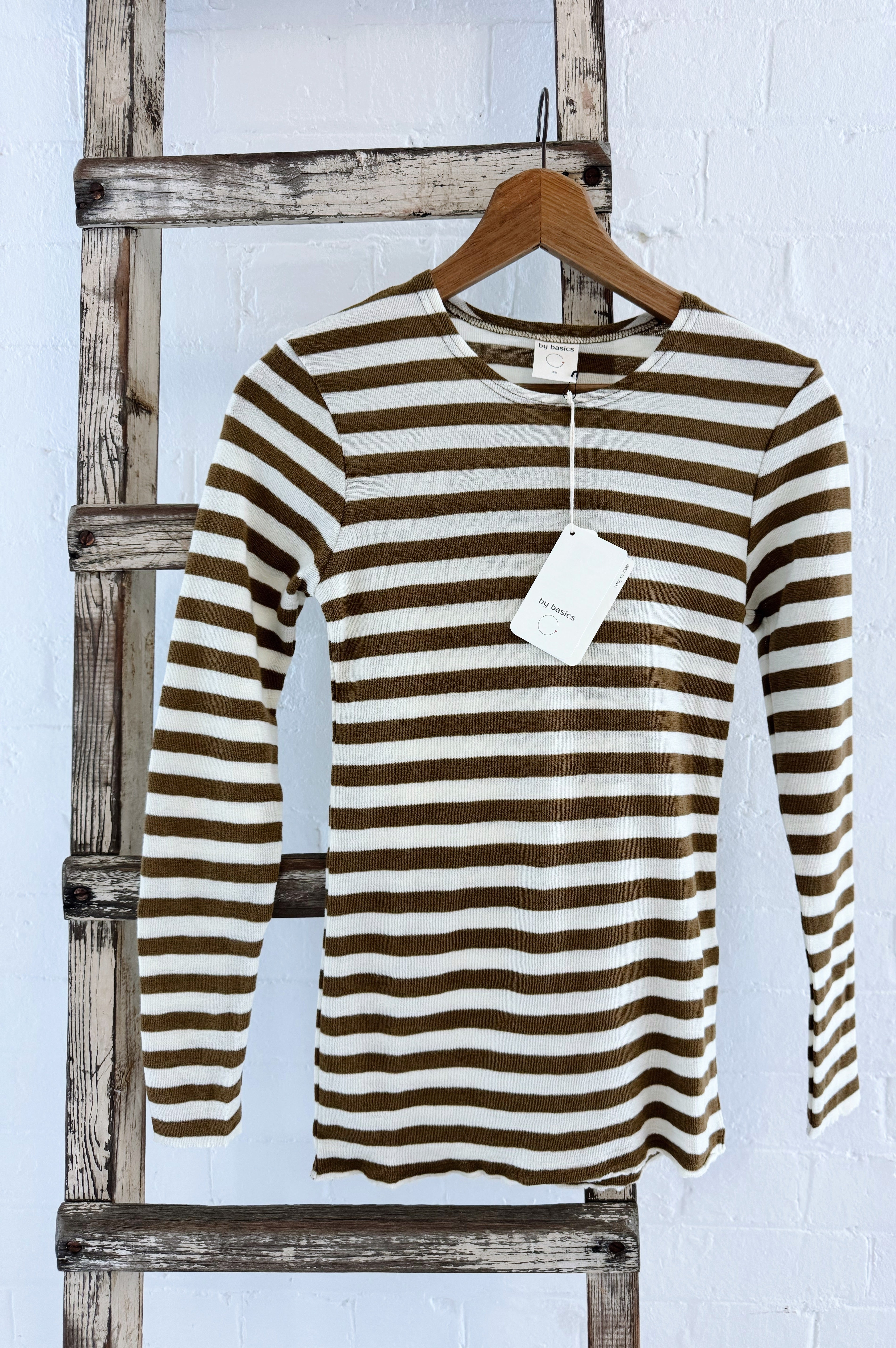 Merino Crew Neck | Raw White + Bronze Stripe