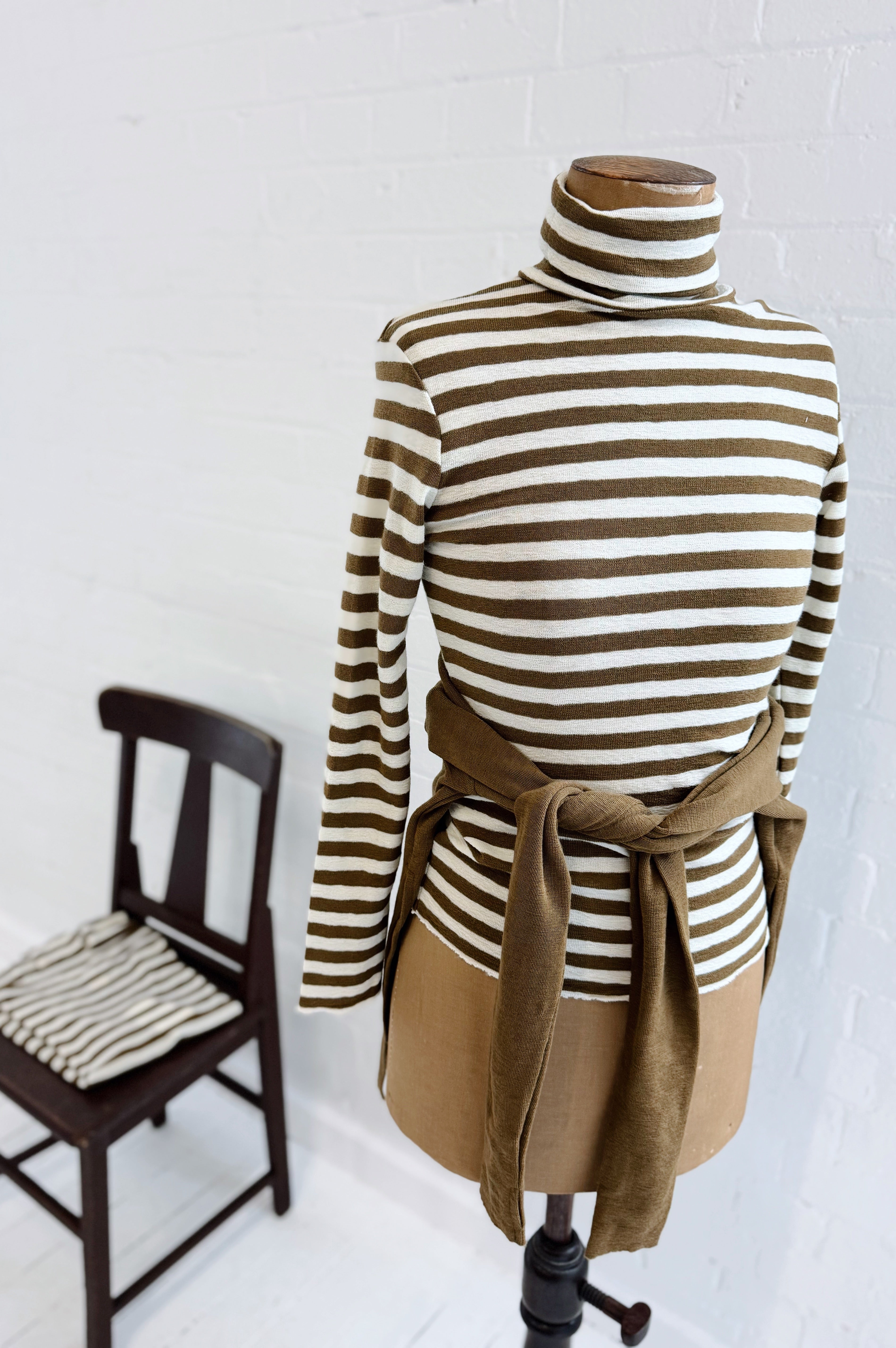 Merino Roll Neck | Raw White + Bronze Stripe