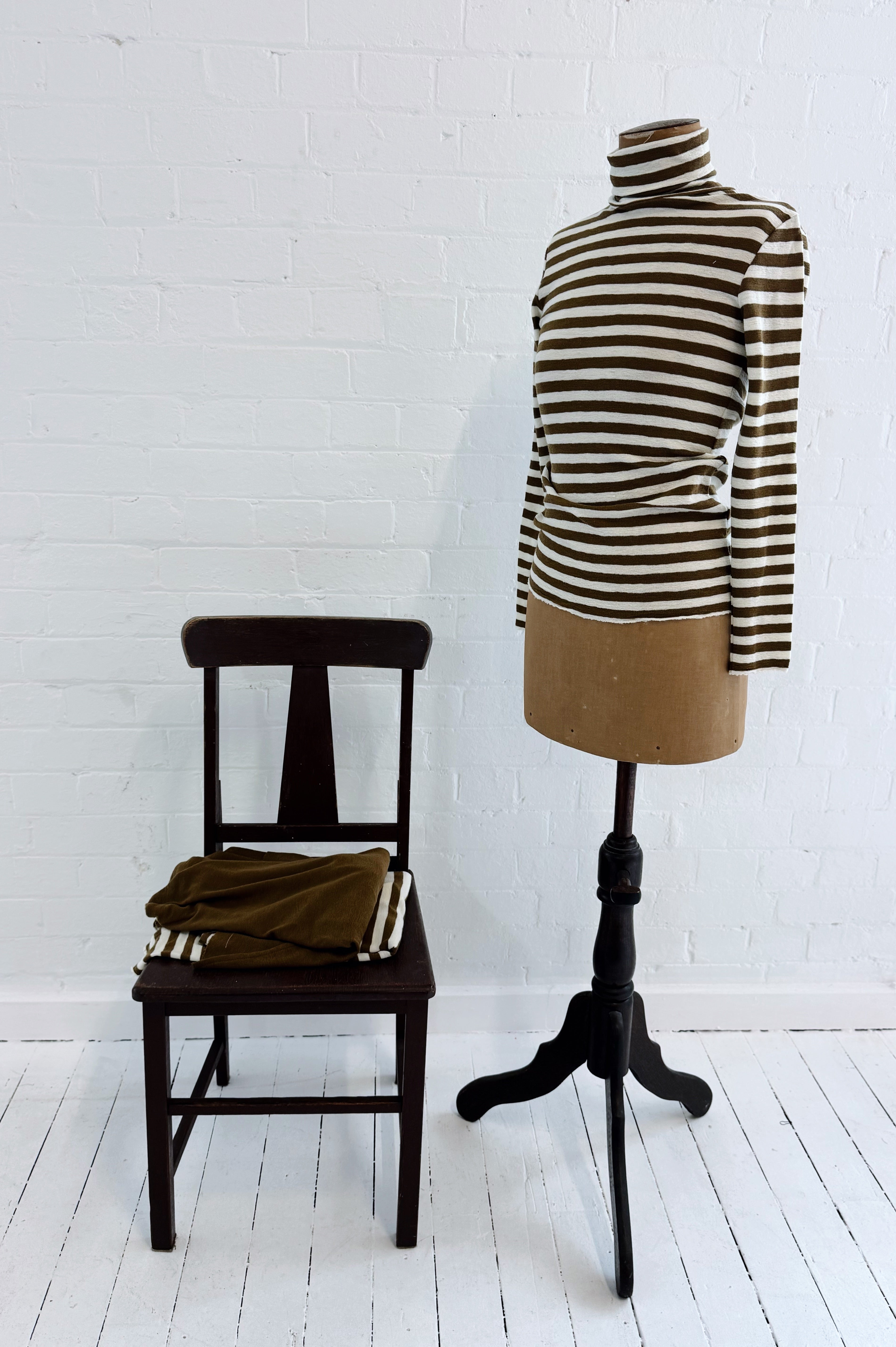 Merino Roll Neck | Raw White + Bronze Stripe