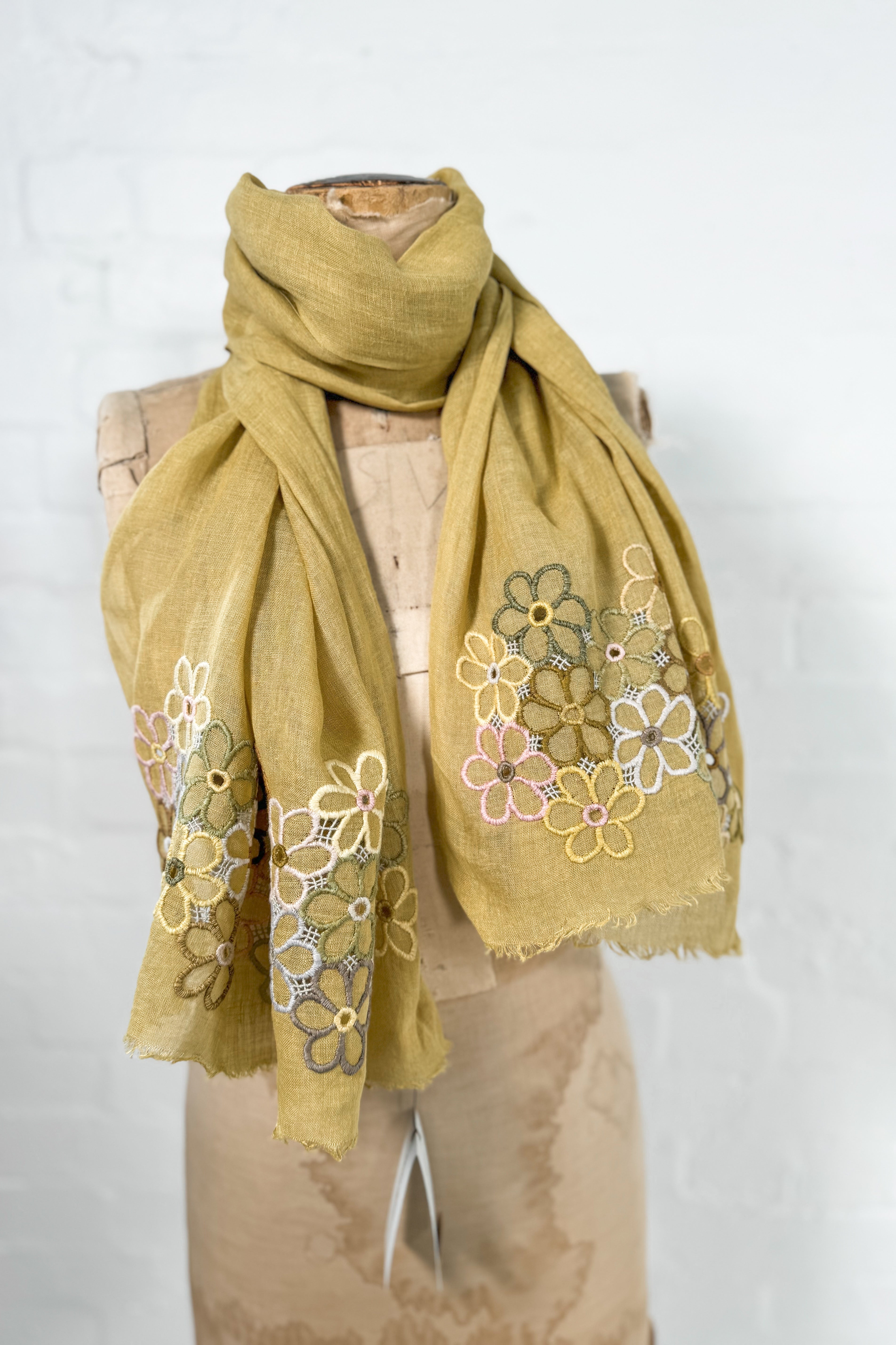 Sophie Digard | Delicate Floral Embroidered Linen Scarf | Charlotte