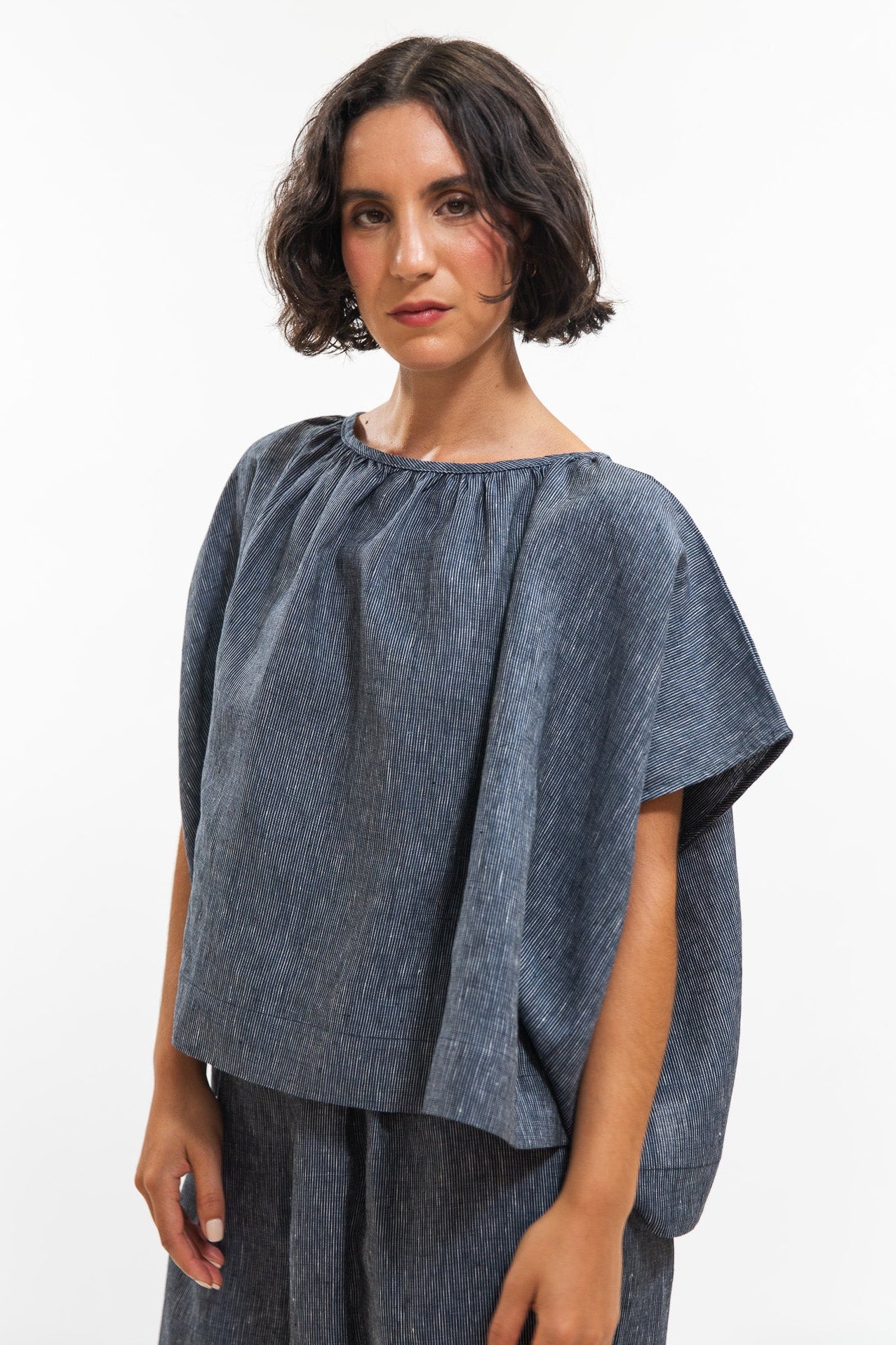 Poppy Top | Navy Pinstripe