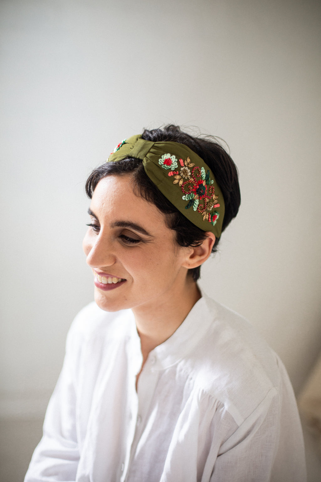 Hard Embroidered Headband | Olive
