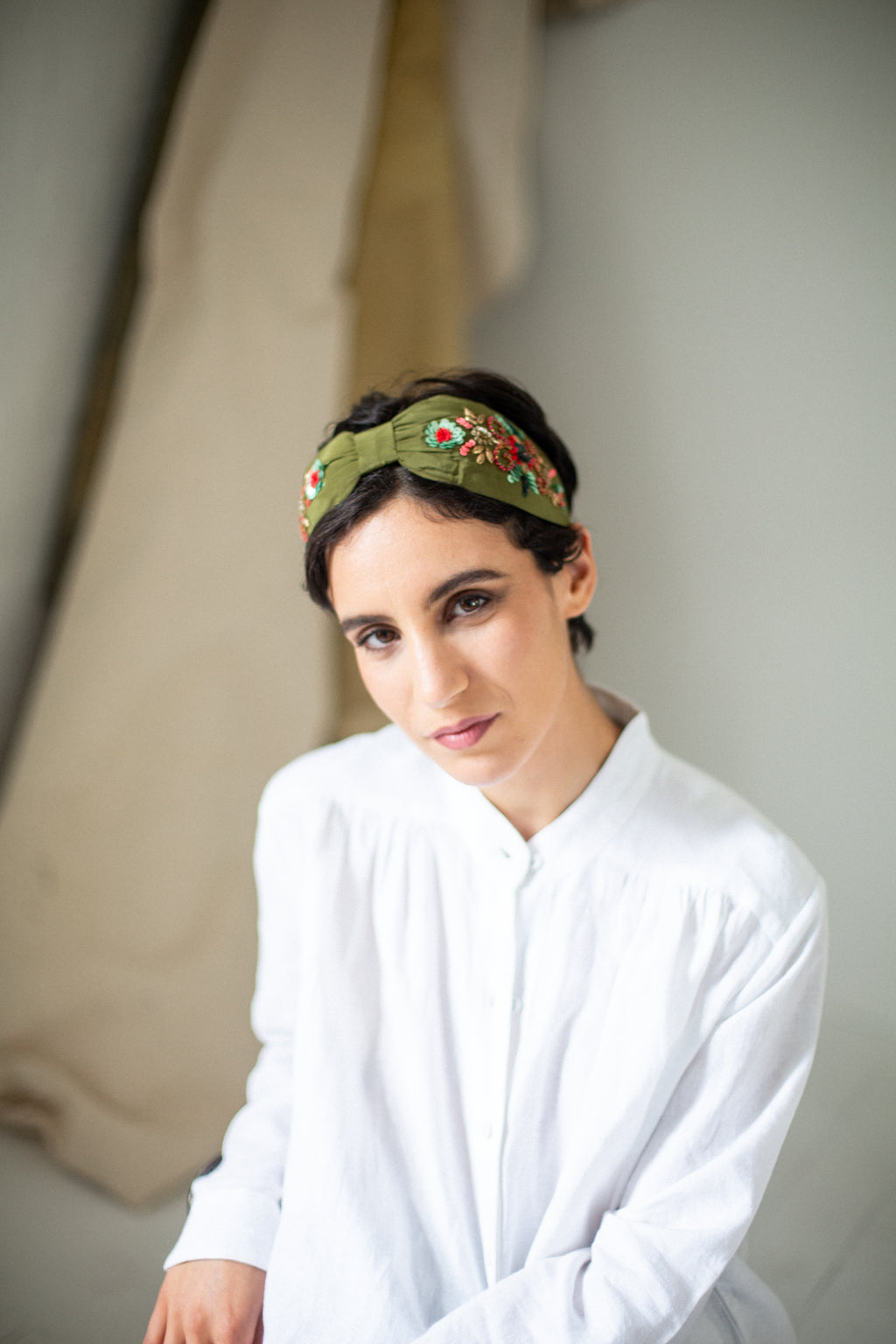 Hard Embroidered Headband | Olive