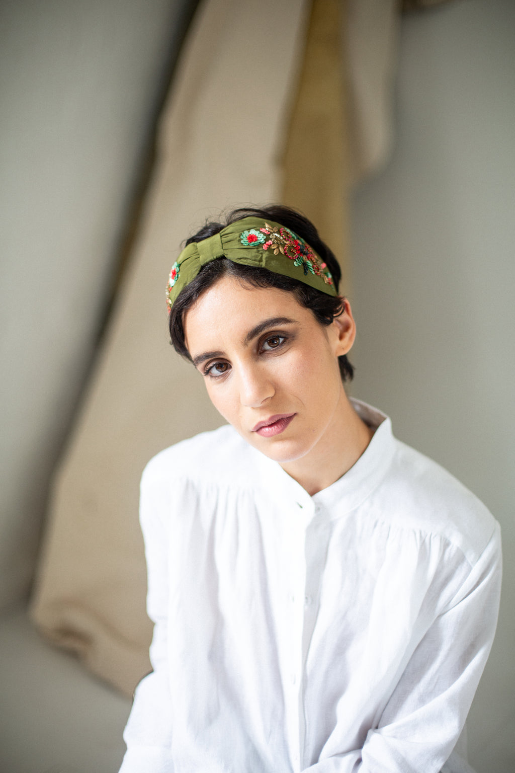 Hard Embroidered Headband | Olive