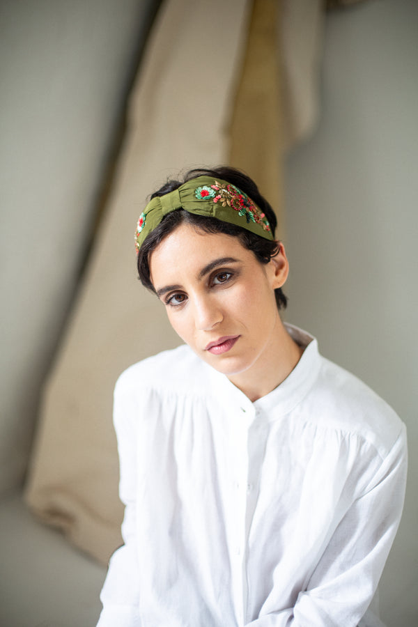 Hard Embroidered Headband | Olive