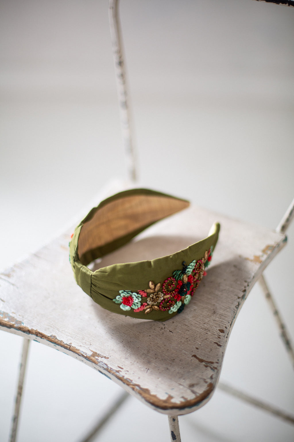 Hard Embroidered Headband | Olive