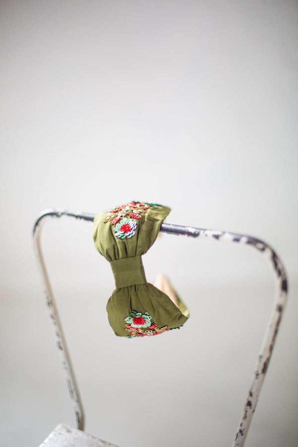 Hard Embroidered Headband | Olive