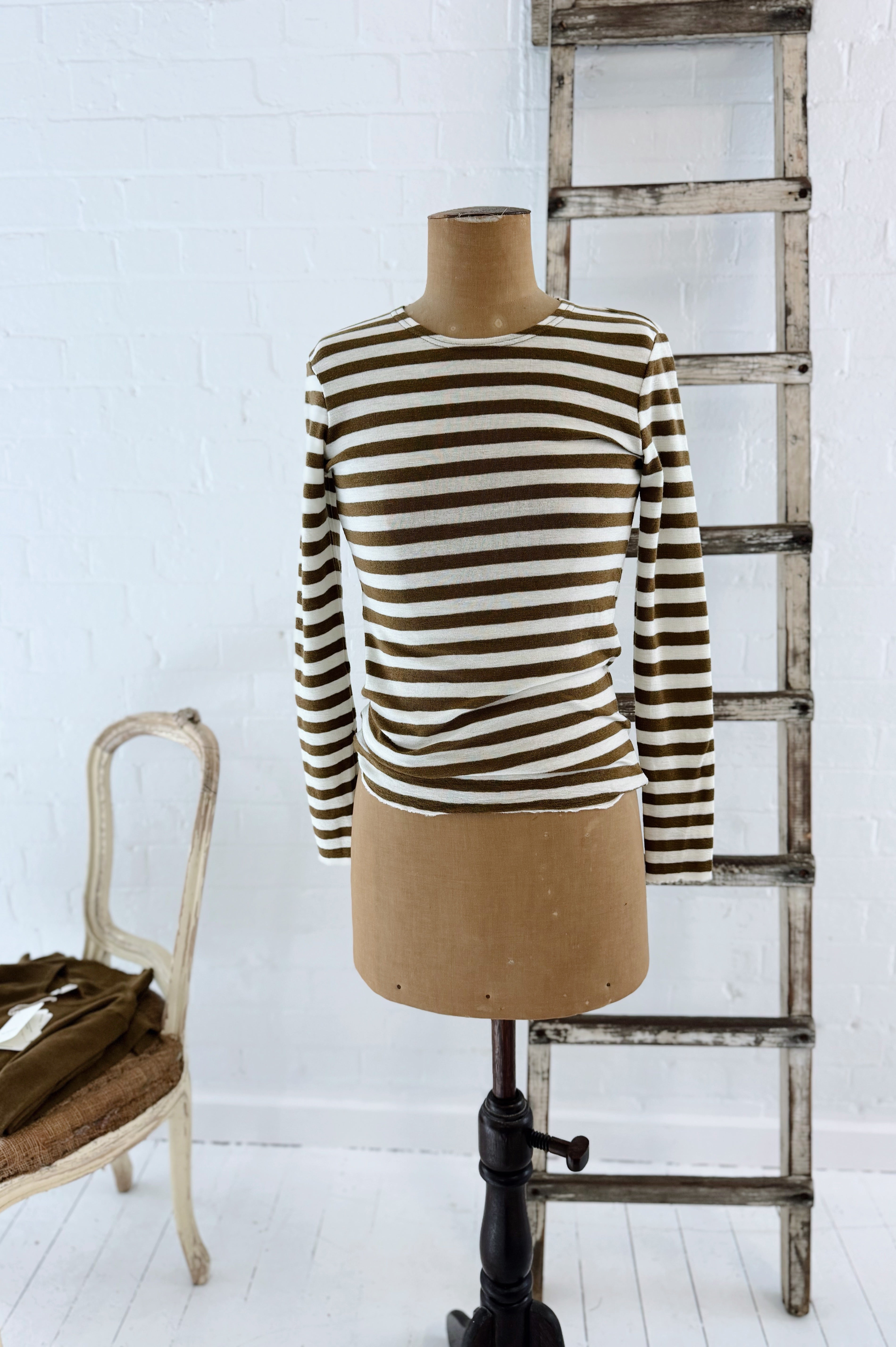 Merino Crew Neck | Raw White + Bronze Stripe