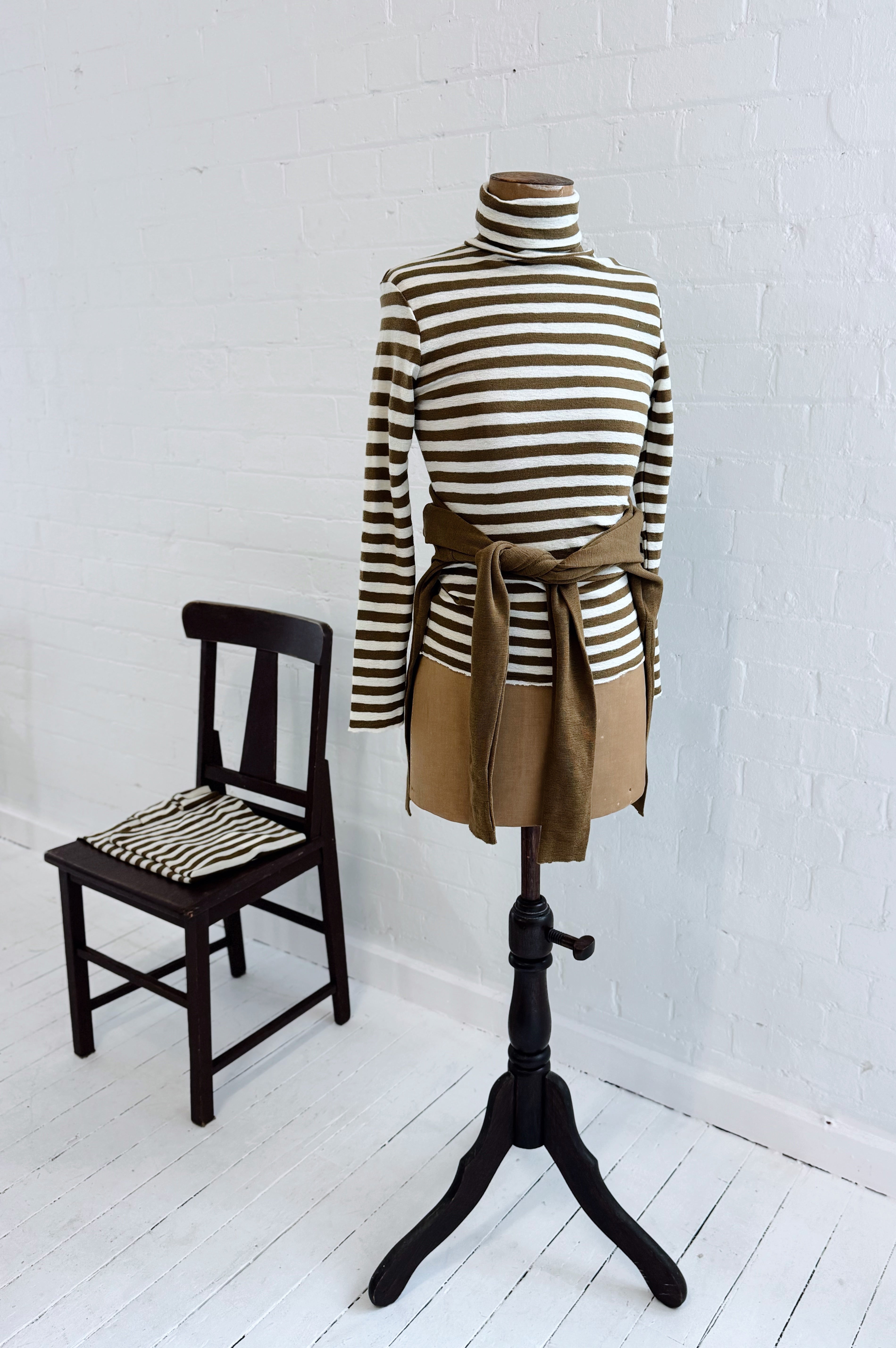 Merino Roll Neck | Raw White + Bronze Stripe