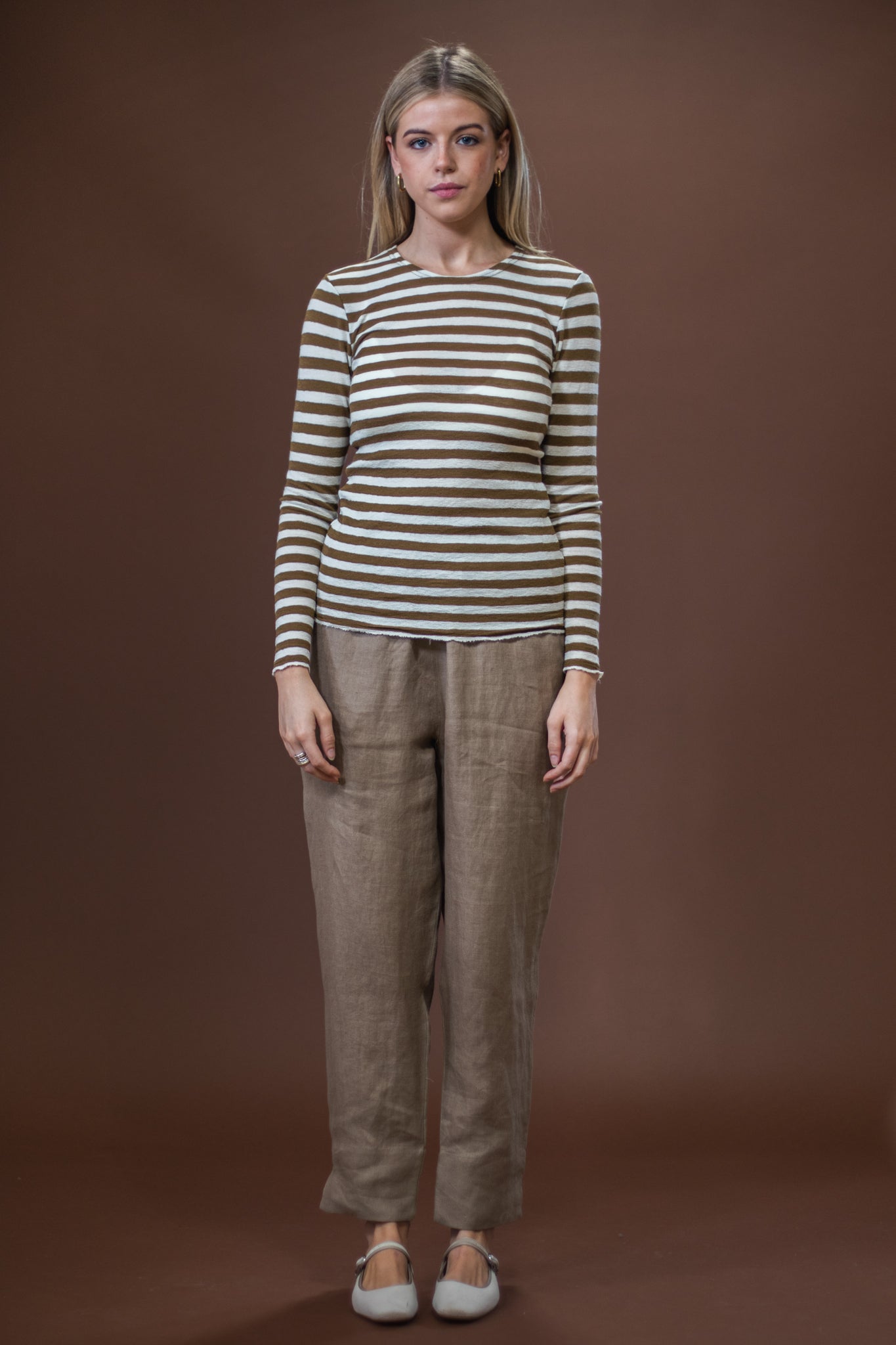 Merino Crew Neck | Raw White + Bronze Stripe