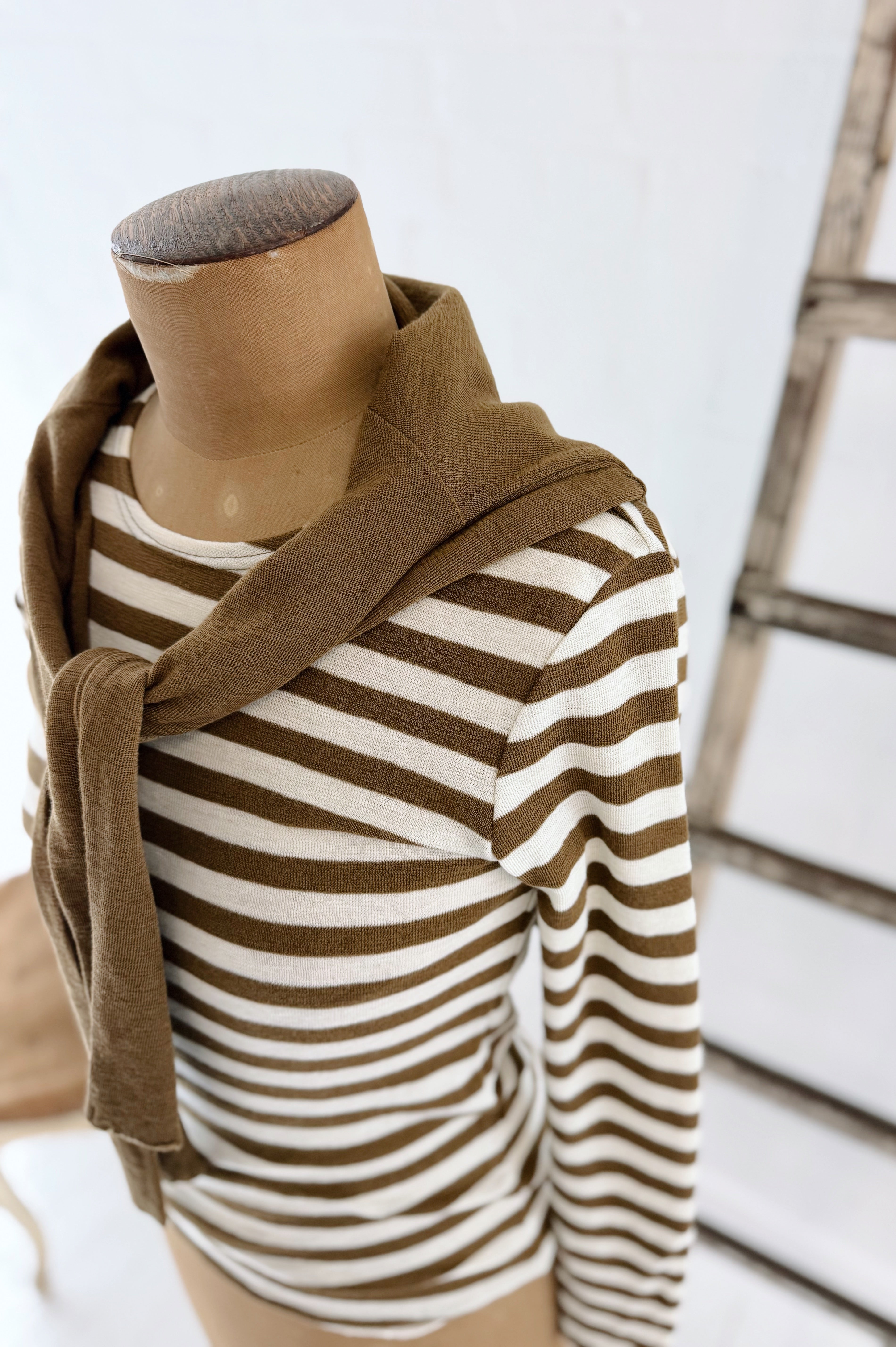 Merino Crew Neck | Raw White + Bronze Stripe