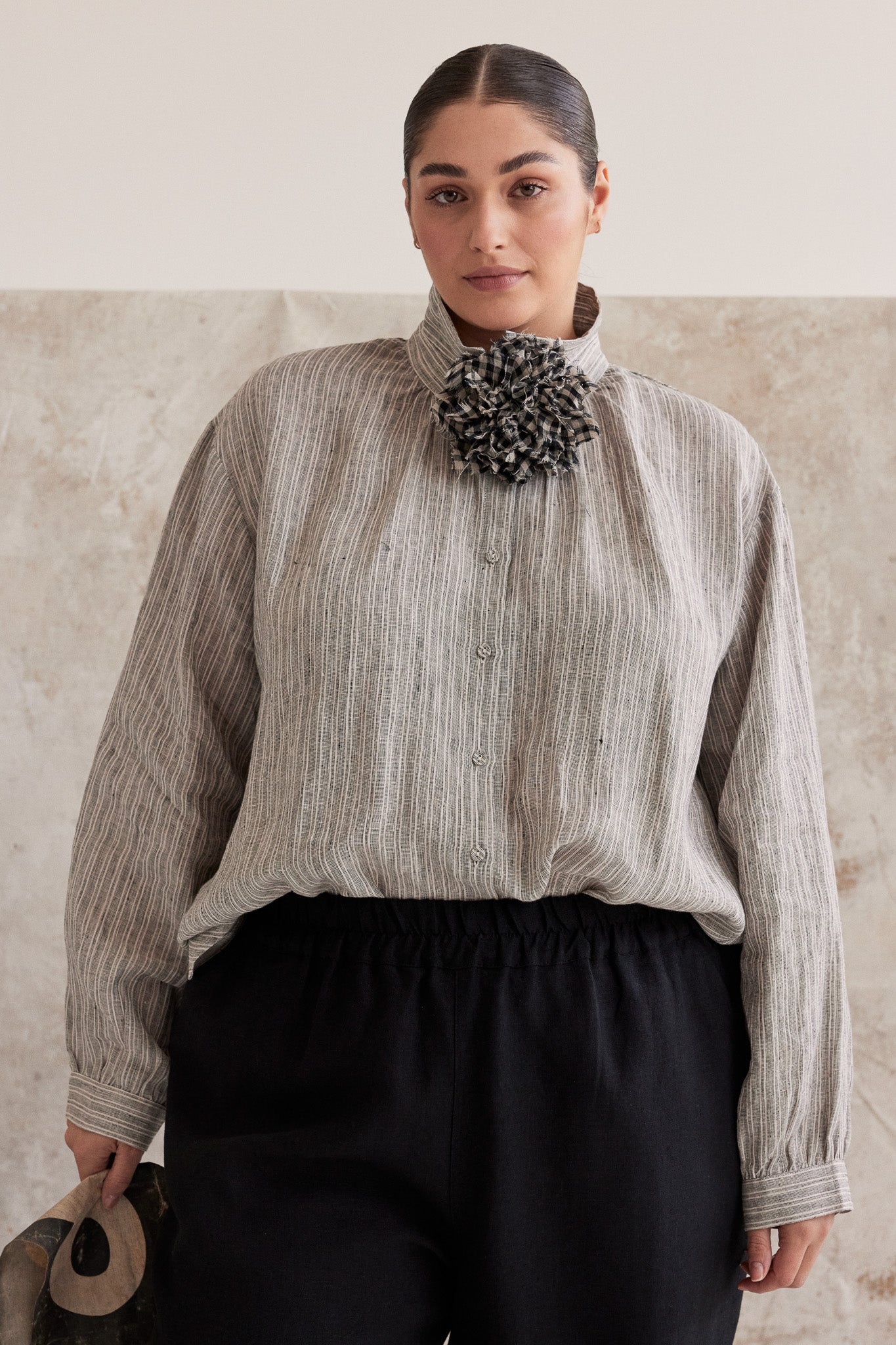 Fabric Flower Brooch | Black Gingham