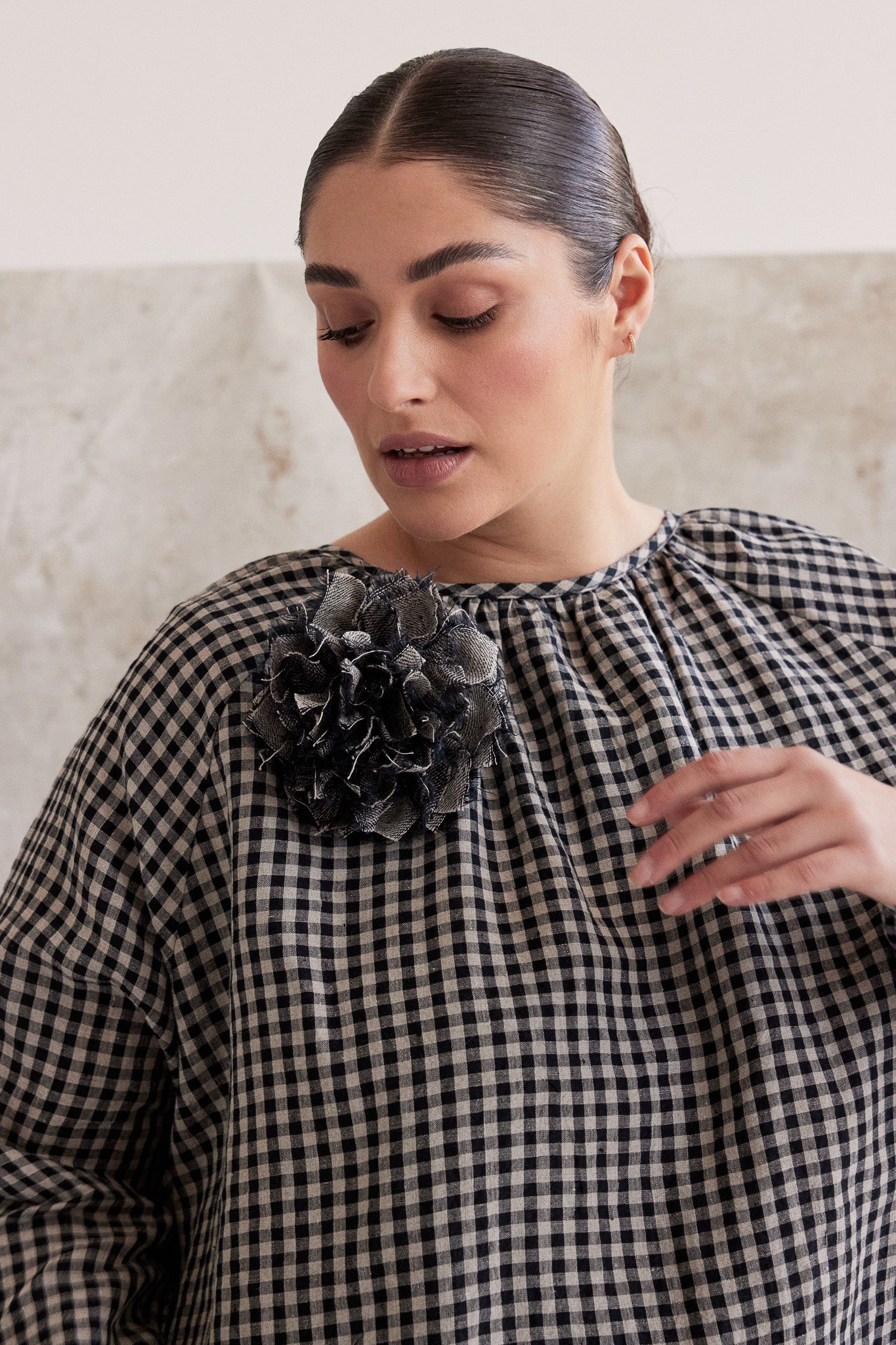 Fabric Flower Brooch | Black Denim Linen