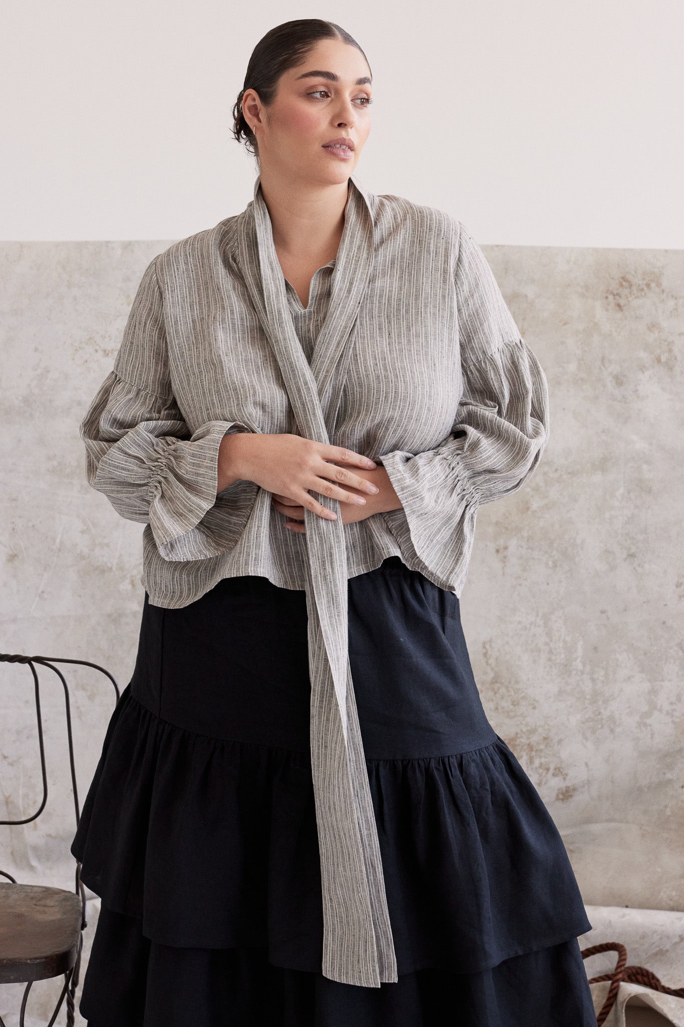 Harlow Neck Tie Blouse | Stippling Stripe