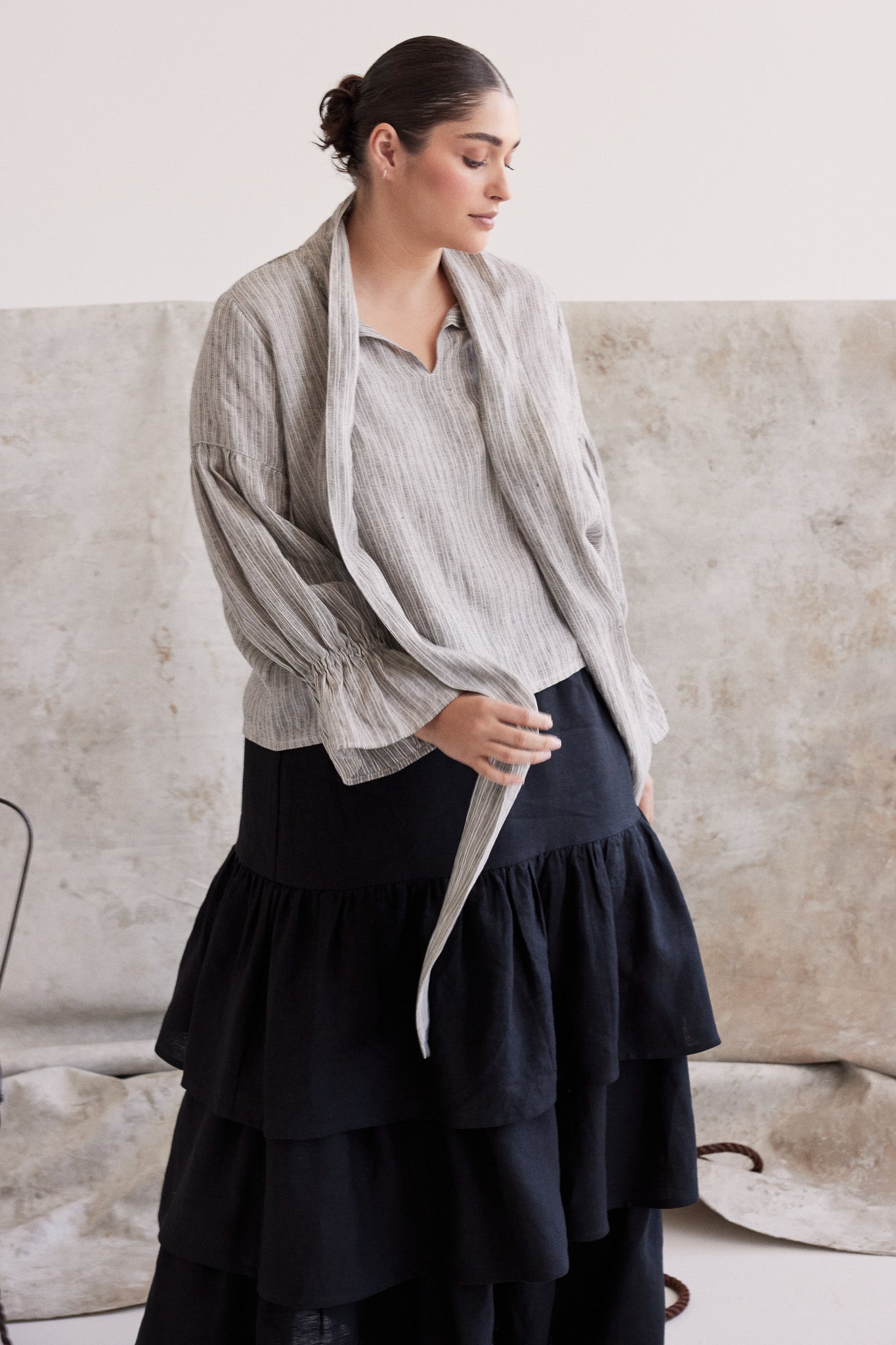 Harlow Neck Tie Blouse | Stippling Stripe